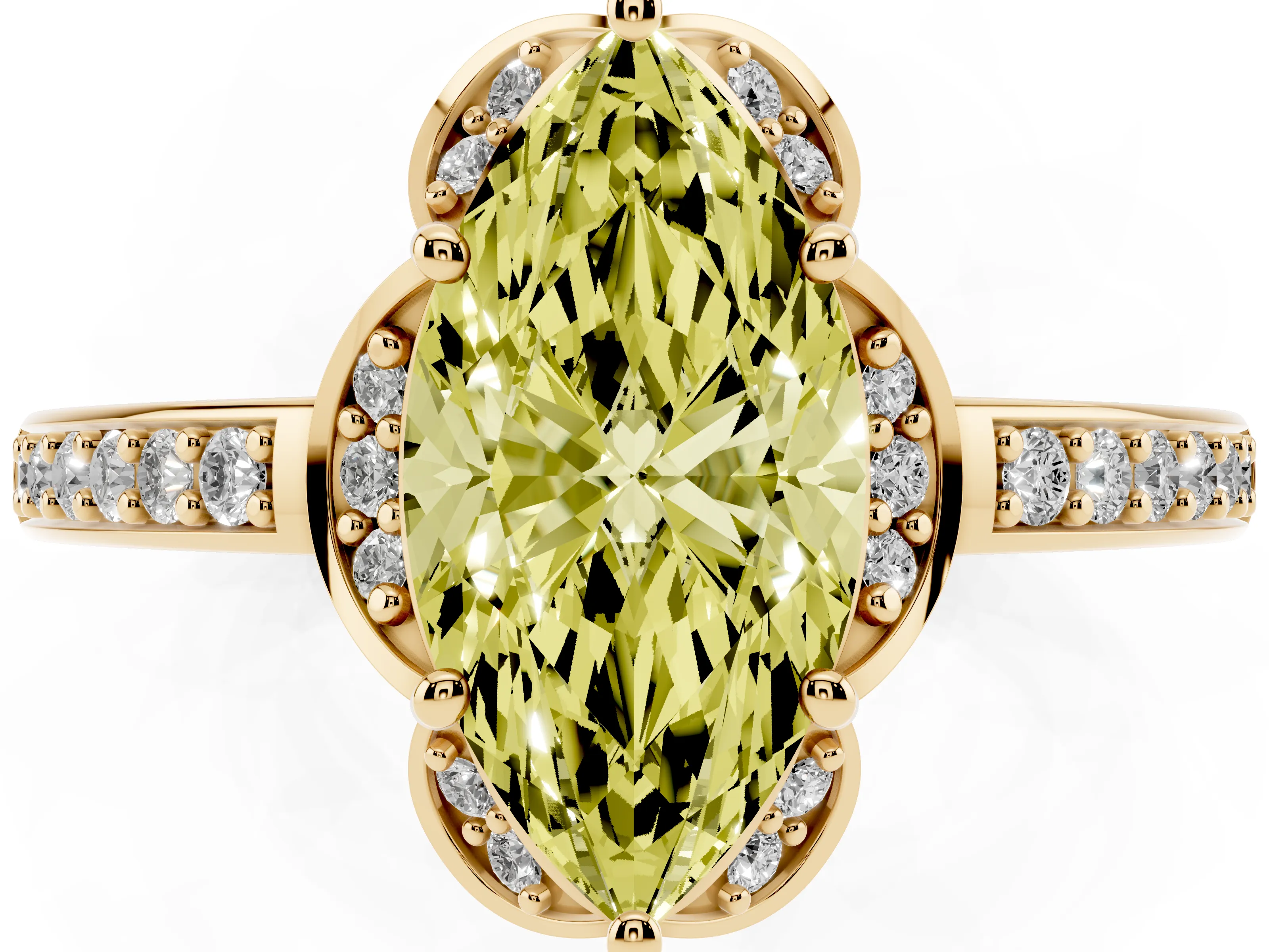 Fancy Yellow Marquise Cut Diamond Halo Ring Set in Yellow gold with Channel Set Band and Prong Setting