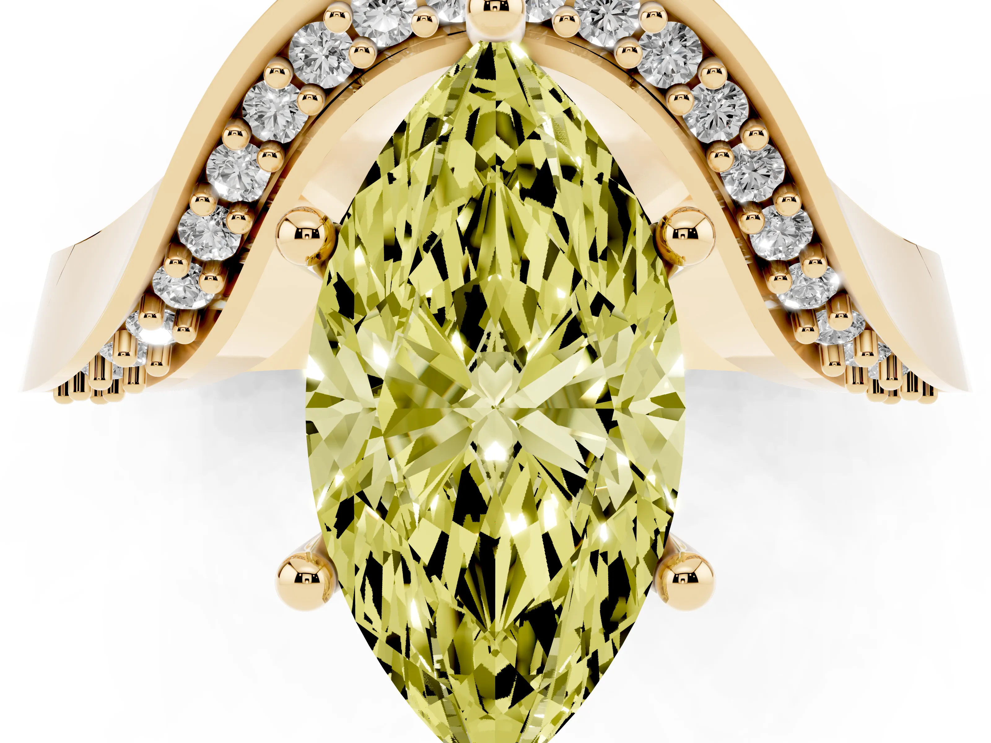 Fancy Yellow Marquise Cut Diamond Solitaire Engagement Ring Set in Yellow gold with Pavé Shoulders