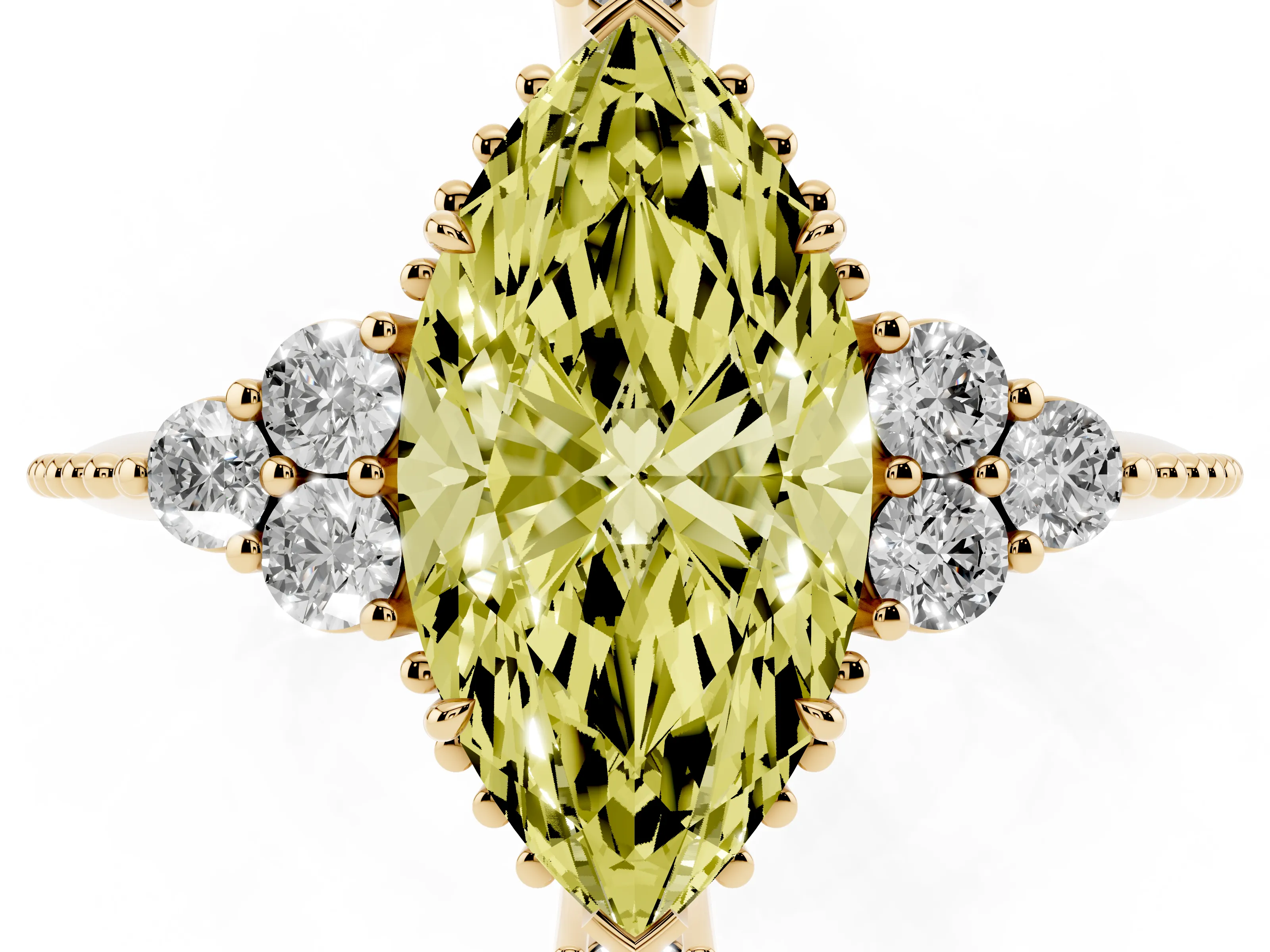 Fancy Yellow Marquise Cut Diamond Cluster Ring Set in Yellow gold with Beaded Band