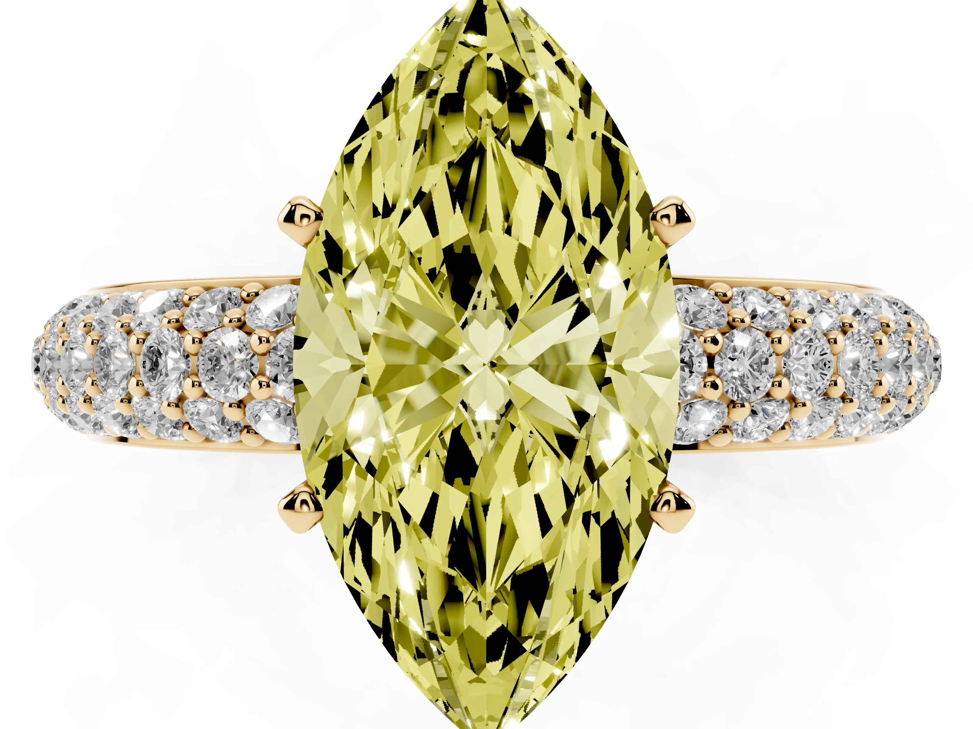 Fancy Yellow Marquise Cut Diamond Solitaire Ring Set in Yellow gold with Prong Setting and Pavé-Set Band