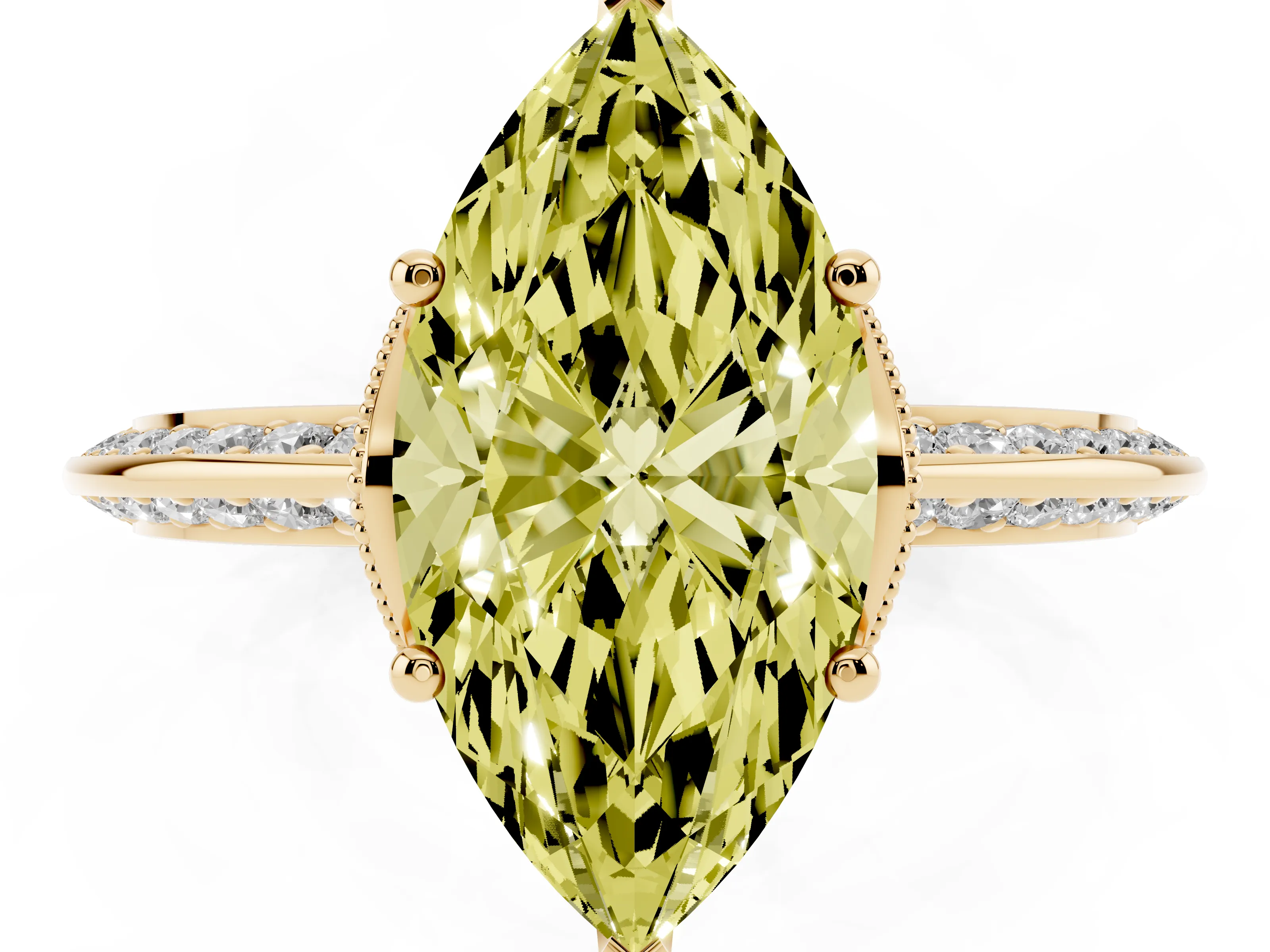 Fancy Yellow Marquise Cut Diamond Solitaire Engagement Ring Set in Yellow gold with Pavé Split Shank and Prong Setting