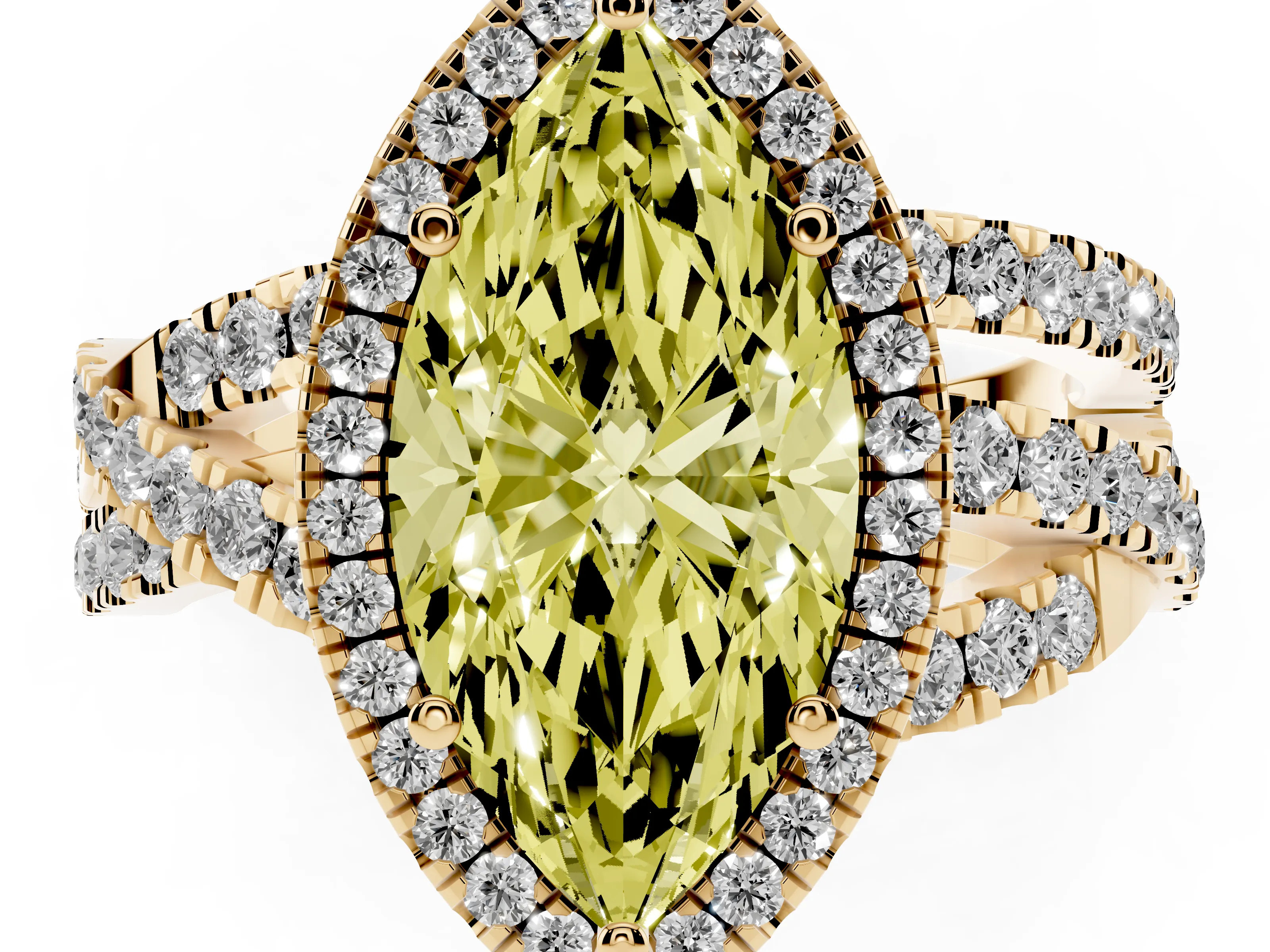 Fancy Yellow Marquise Cut Diamond Halo Ring Set in Yellow gold with Round Crossover Split Shank and Prong Setting