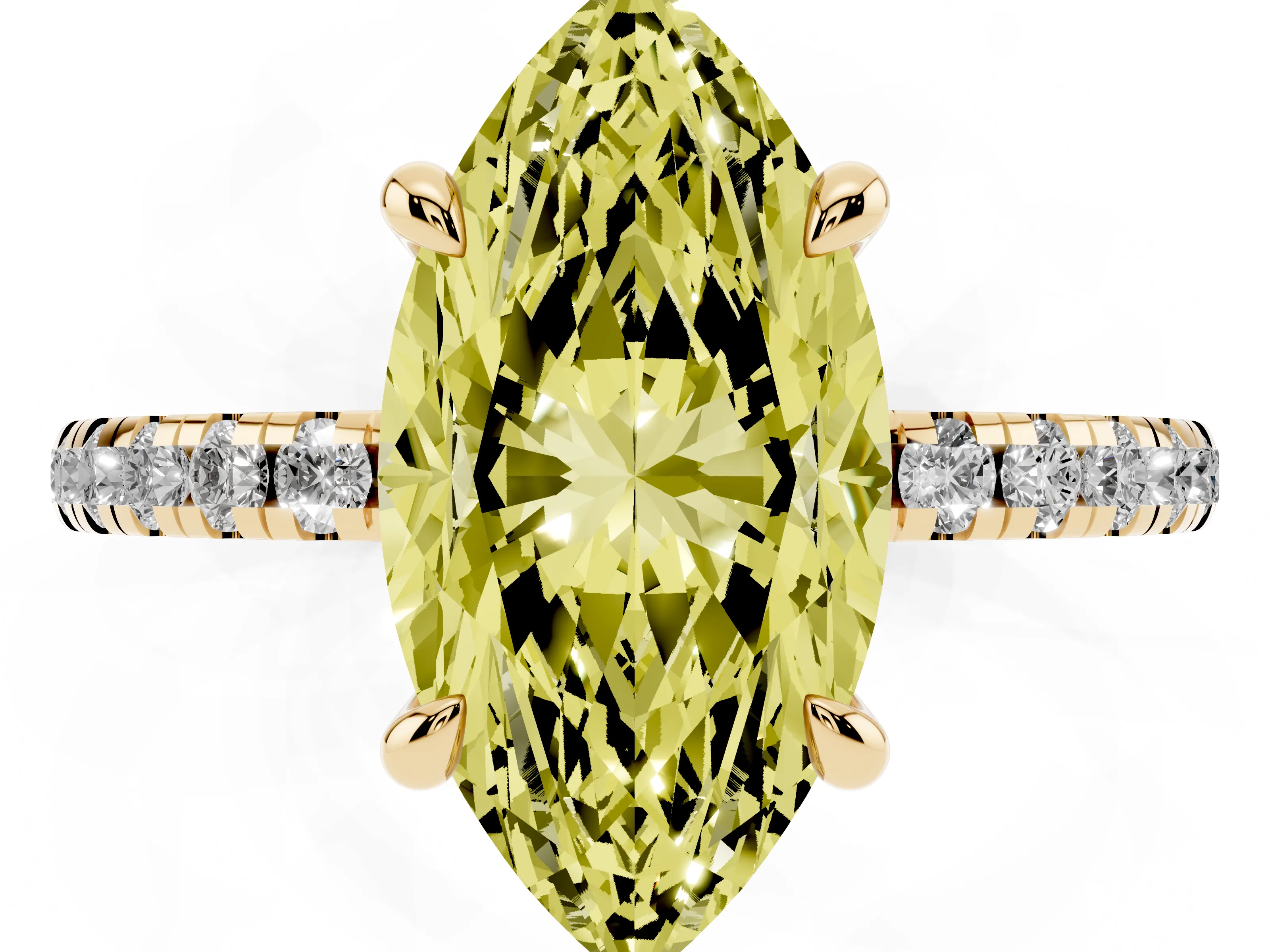 Fancy Yellow Marquise Cut Diamond Brilliant Solitaire Ring Set in Yellow gold with Pavé Band and Prong Setting