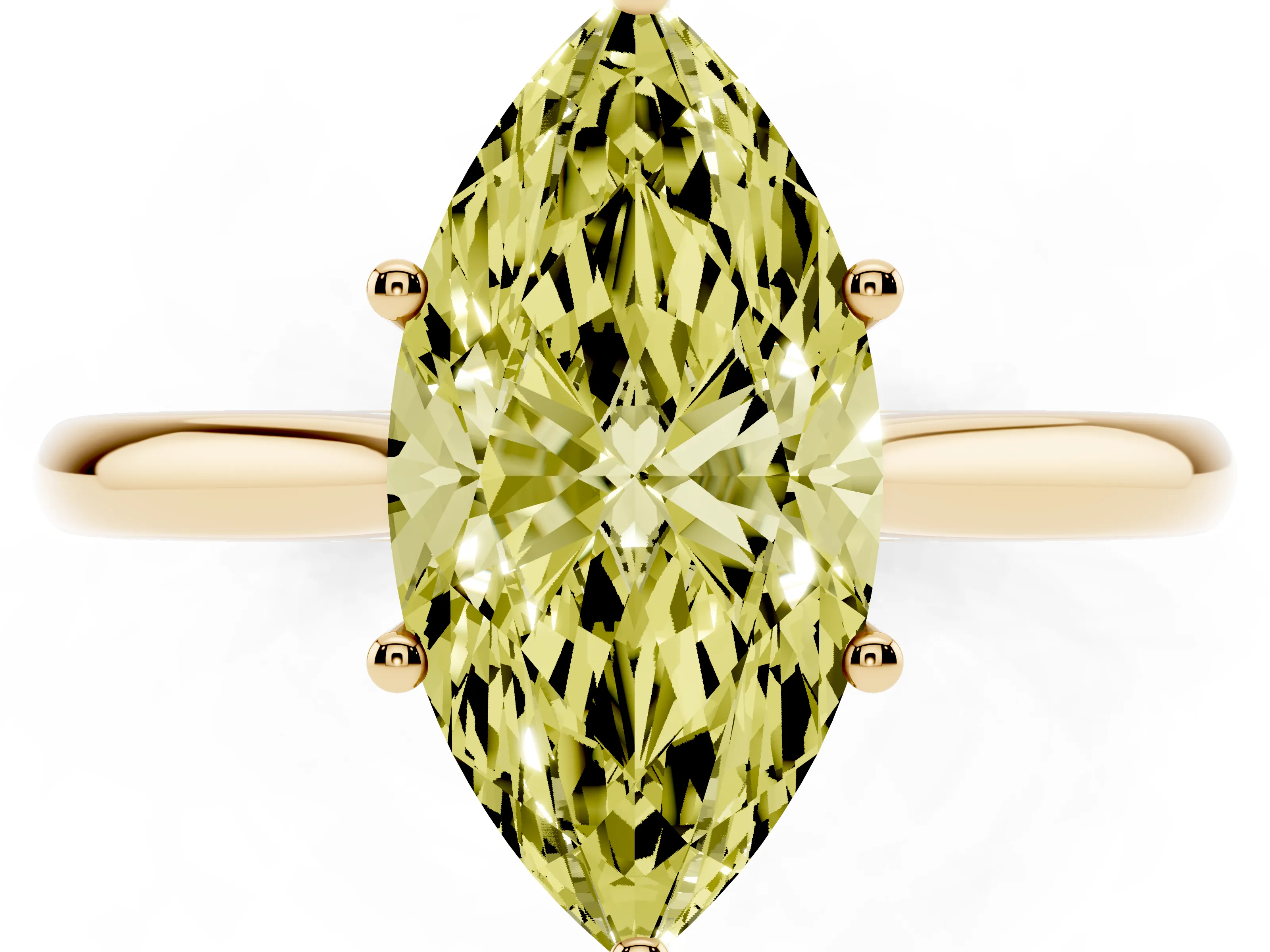 Fancy Yellow Marquise Cut Diamond Solitaire Ring Set in Yellow gold with Cathedral Band and Prong Setting