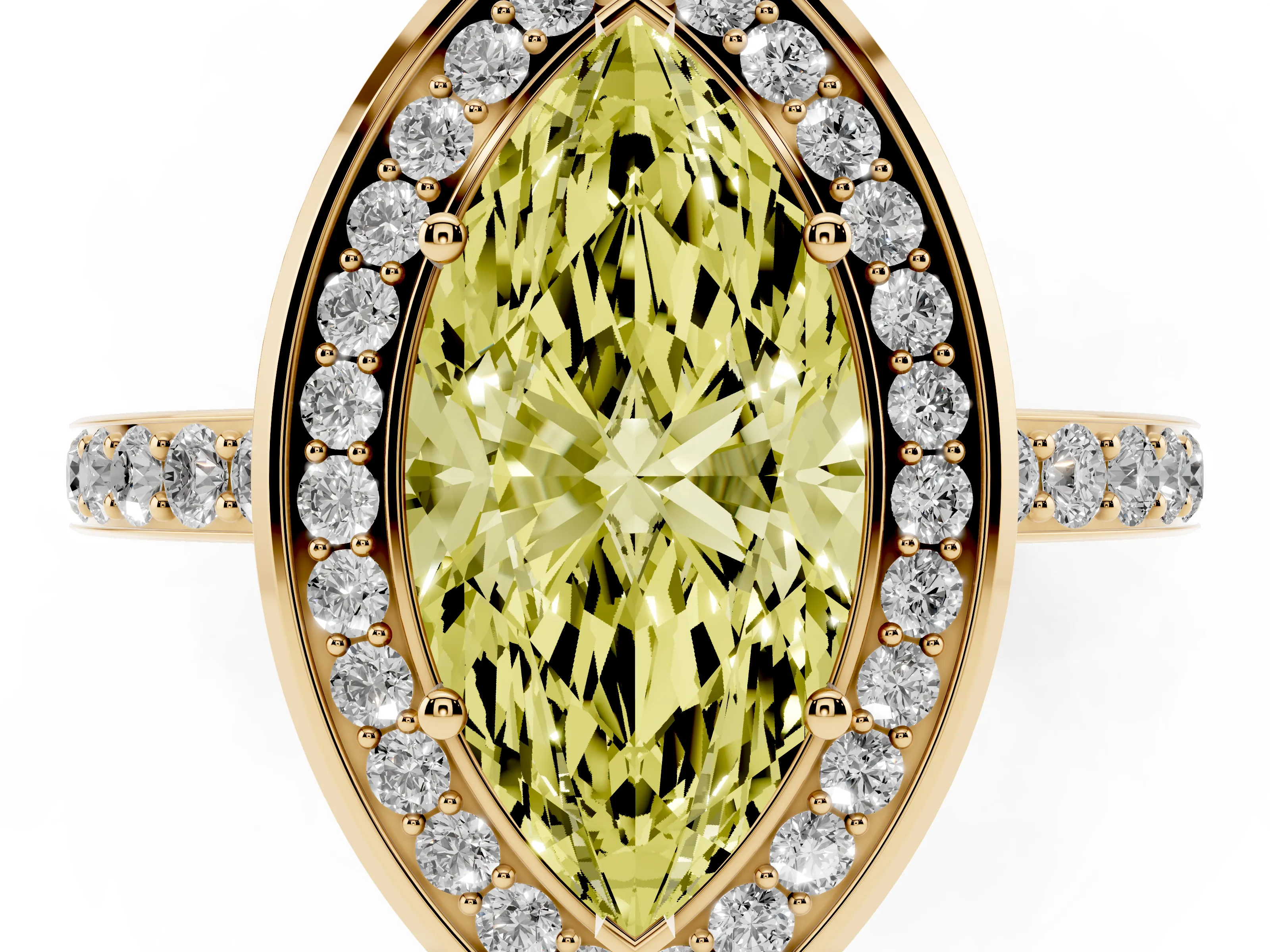 Fancy Yellow Marquise Cut Diamond Halo Ring Set in Yellow gold with Bezel Frame and Pavé Band