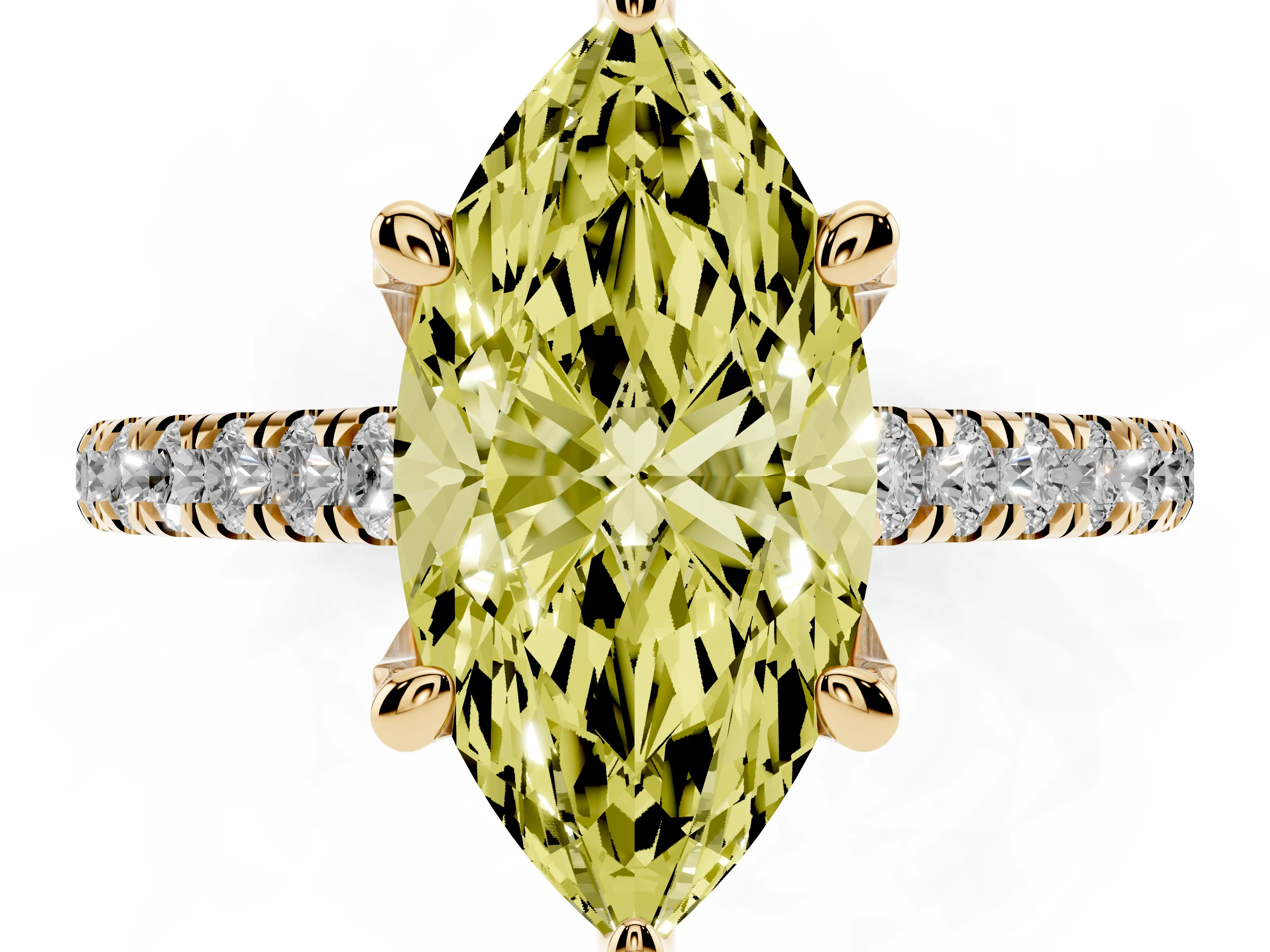 Fancy Yellow Marquise Cut Diamond Solitaire Ring Set in Yellow gold with Brilliant Pavé Band and Prong Setting