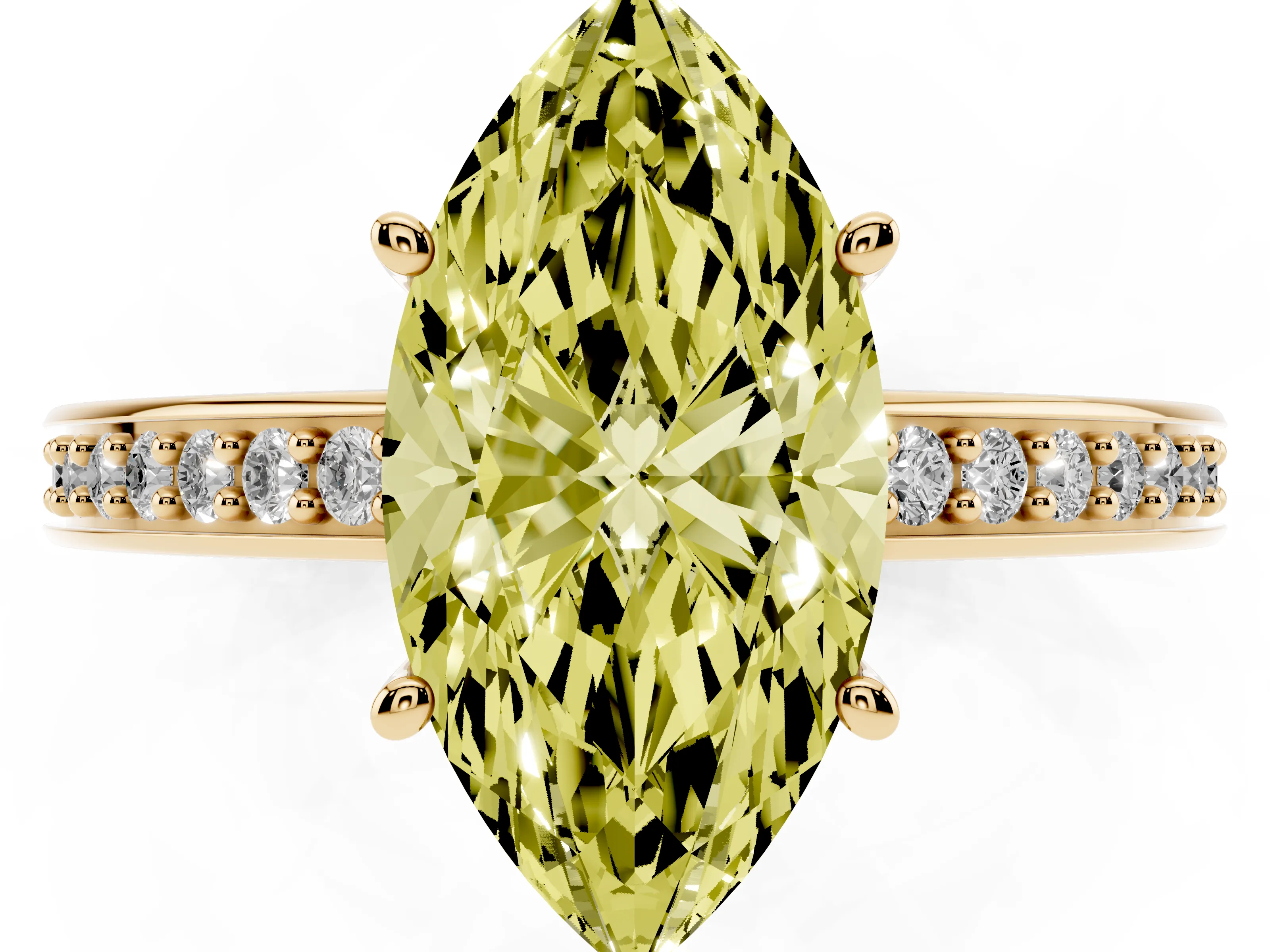 Fancy Yellow Marquise Cut Diamond Pavé Band Prong Set Solitaire Ring Set in Yellow gold