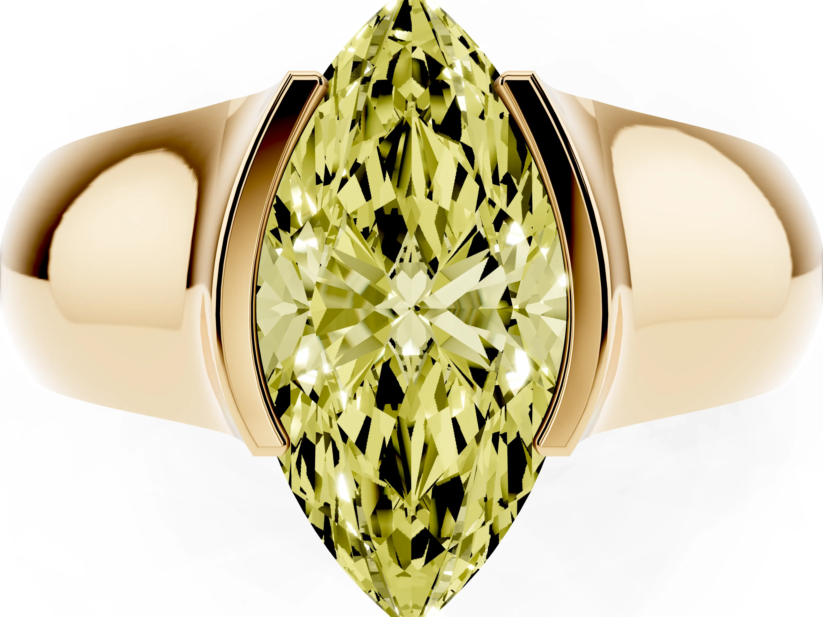 Fancy Yellow Marquise Cut Diamond Bezel Solitaire Ring Set in Yellow gold with Wide Band