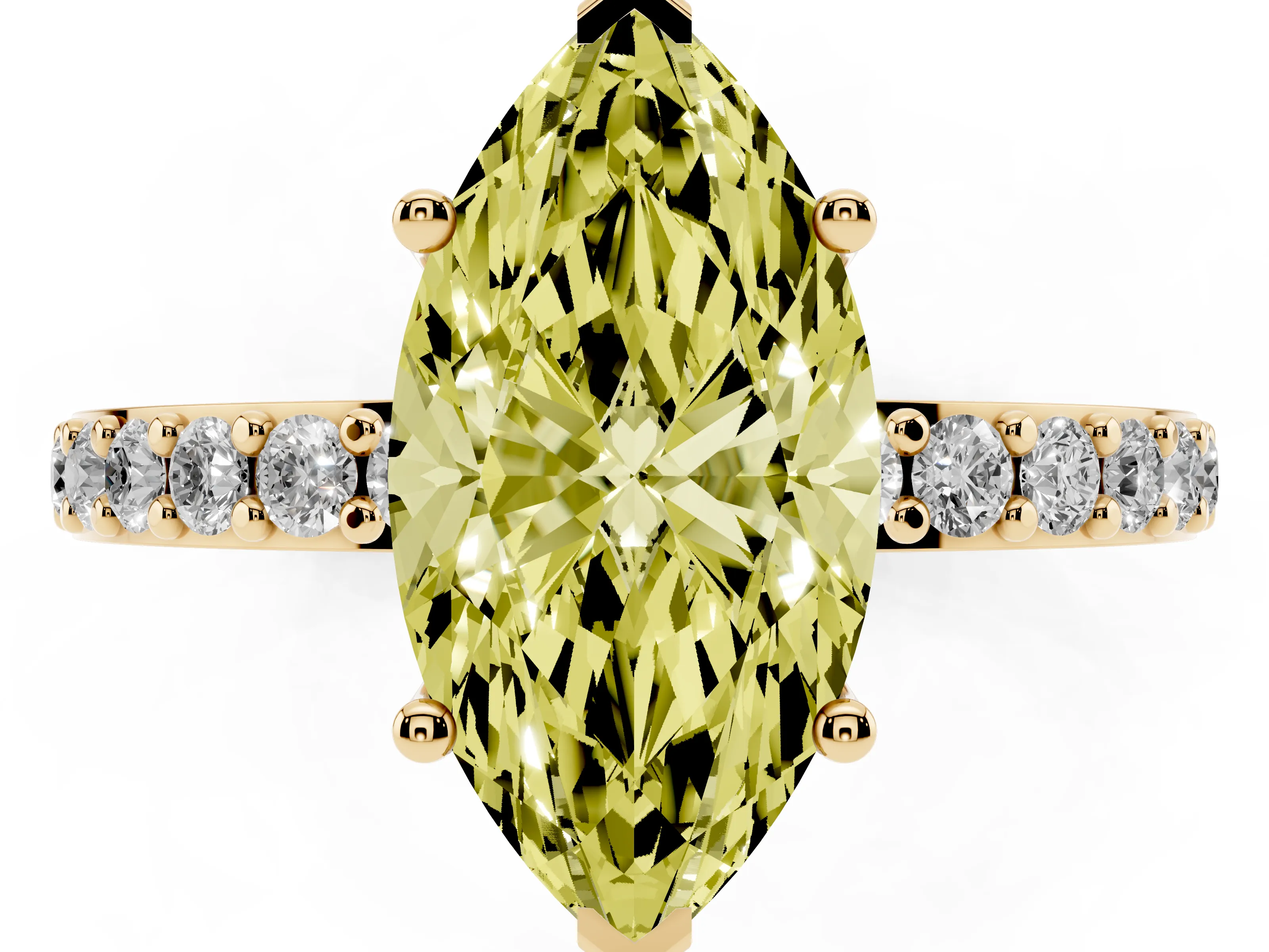 Fancy Yellow Marquise Cut Diamond Solitaire Set in Yellow gold with Round Pavé Band and Prong Setting