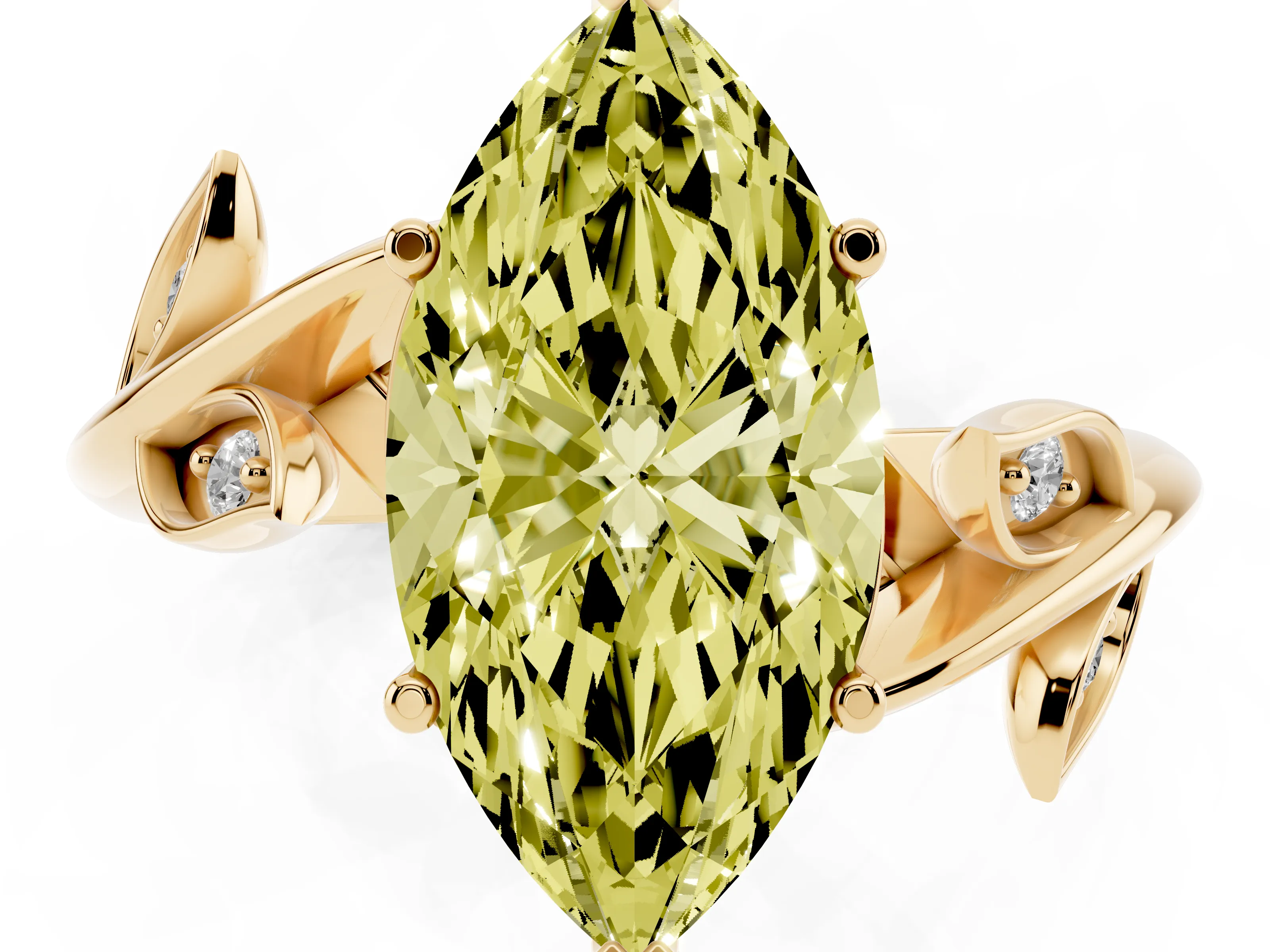 Fancy Yellow Marquise Cut Diamond Solitaire Twist Engagement Ring Set in Yellow gold with Pavé Leaf Accents