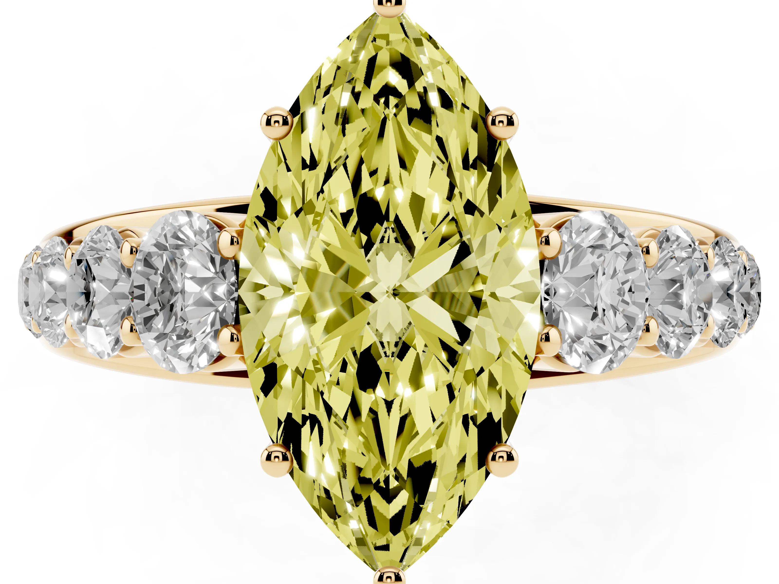 Fancy Yellow Marquise Cut Diamond Solitaire Ring Set in Yellow gold with Pavé-Set Band and Prong Setting
