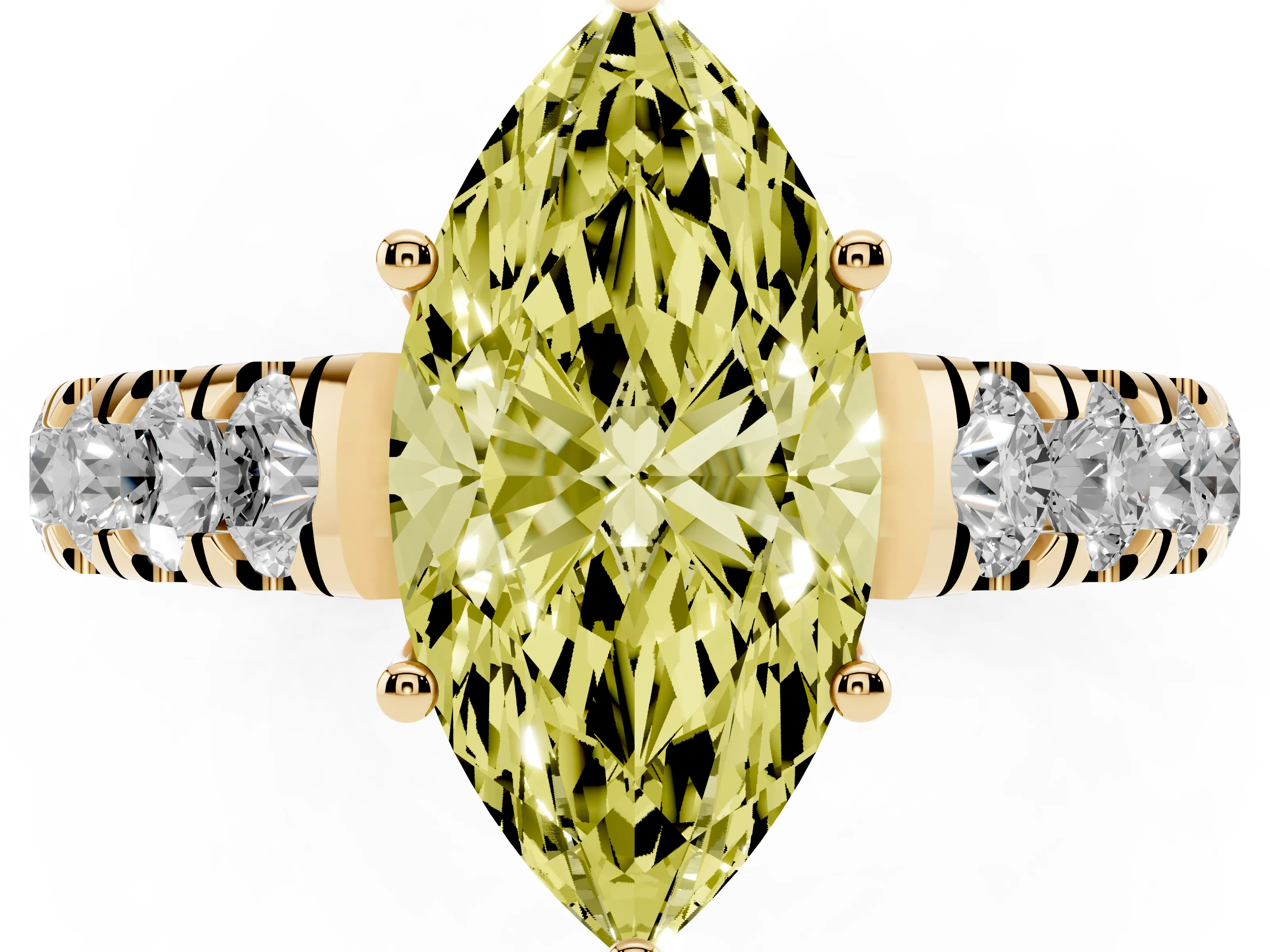 Fancy Yellow Marquise Cut Diamond Solitaire Ring Set in Yellow gold with Cut-Down Micro Pavé Band and Prong Setting