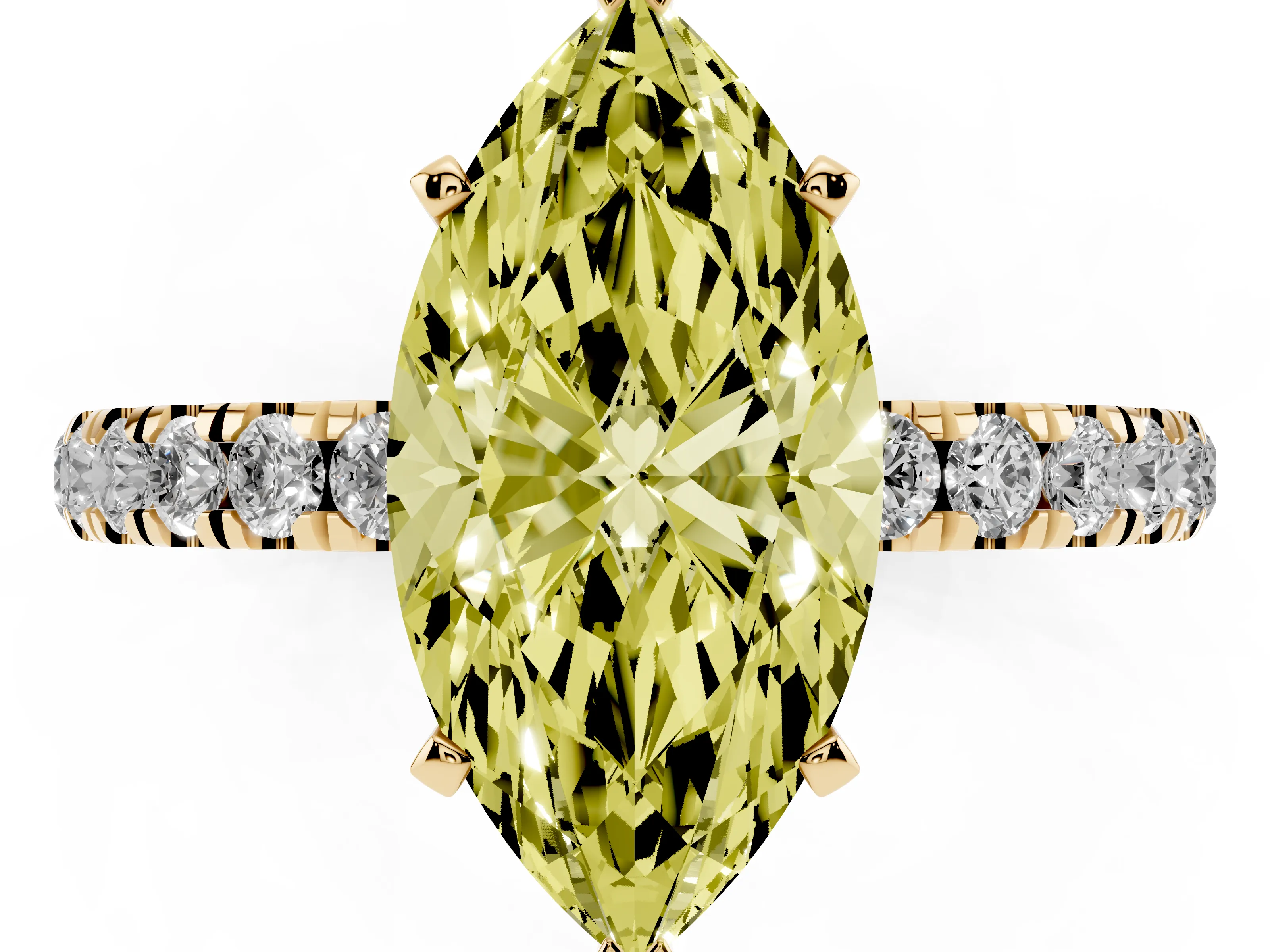 Fancy Yellow Marquise Cut Diamond Solitaire Ring Set in Yellow gold with Pavé Accents and Prong Setting