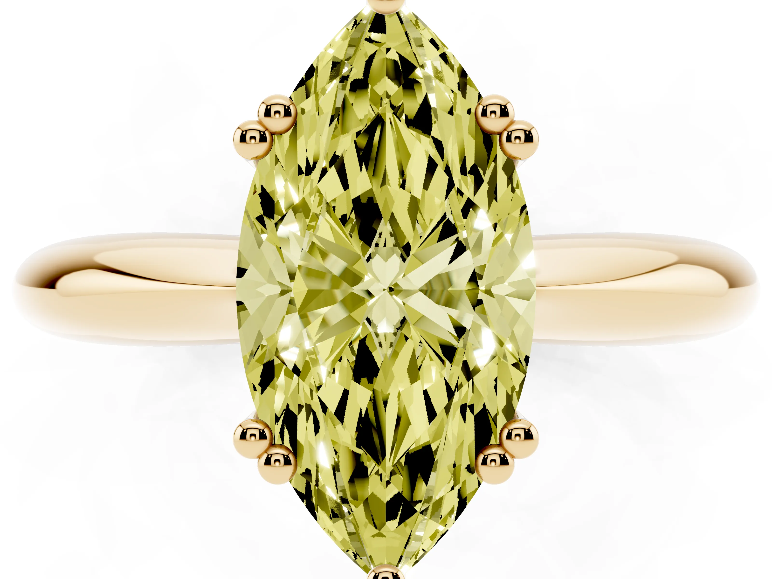 Fancy Yellow Marquise Cut Diamond Solitaire Engagement Ring Set in Yellow gold with Tapered Band and Prong Setting