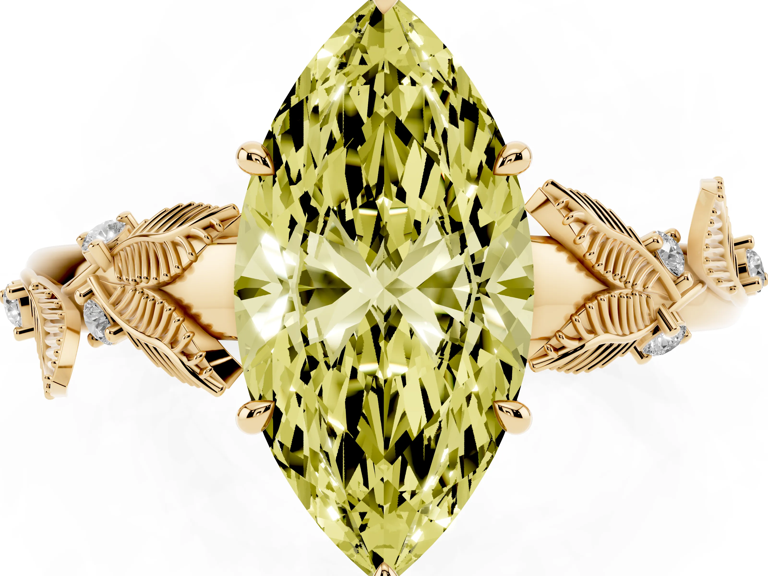 Fancy Yellow Marquise Cut Diamond Solitaire Ring Set in Yellow gold with Leaf Motif Band