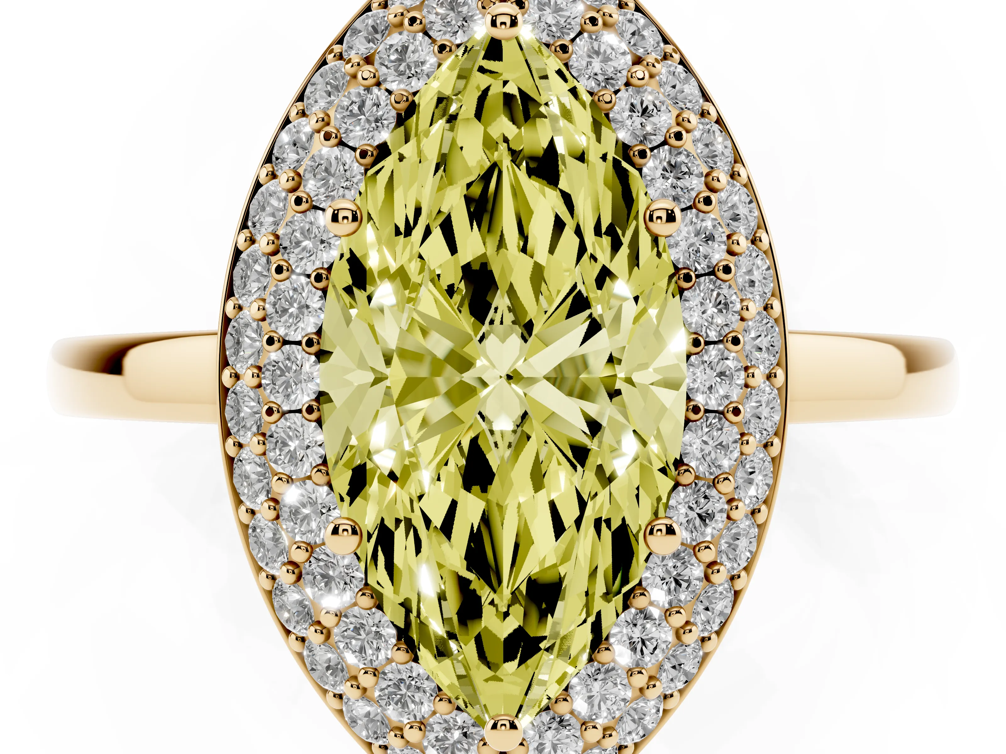 Fancy Yellow Marquise Cut Diamond Halo Engagement Ring Set in Yellow gold with Solitaire Band and Prong Setting