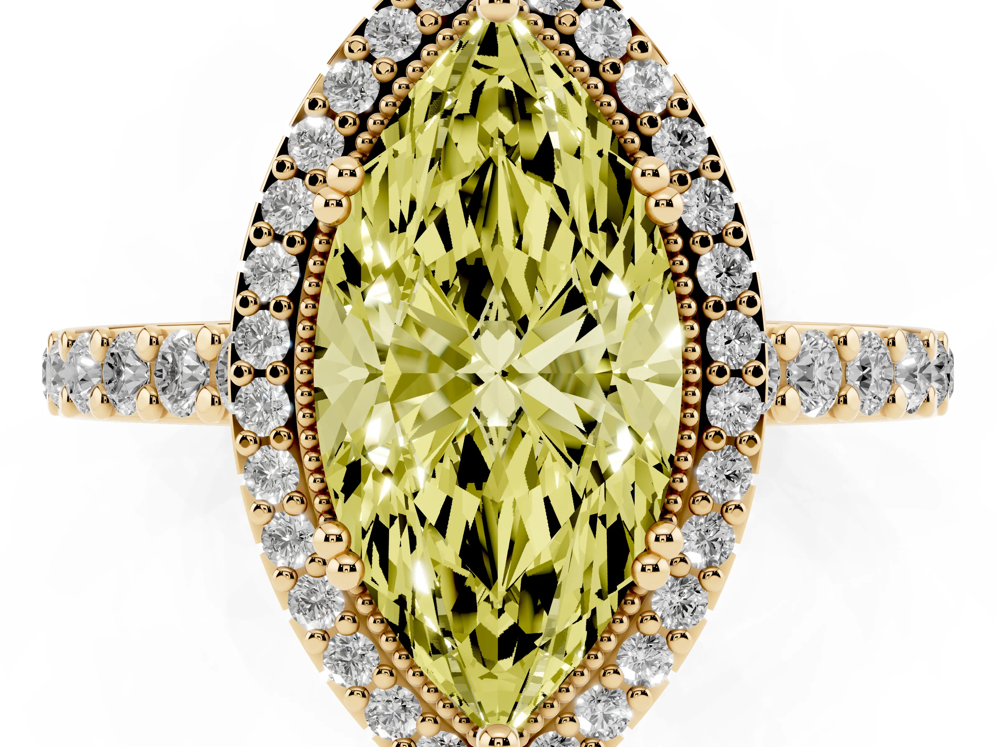 Fancy Yellow Marquise Cut Diamond Halo Engagement Ring Set in Yellow gold with Milgrain Detail and Pavé Band
