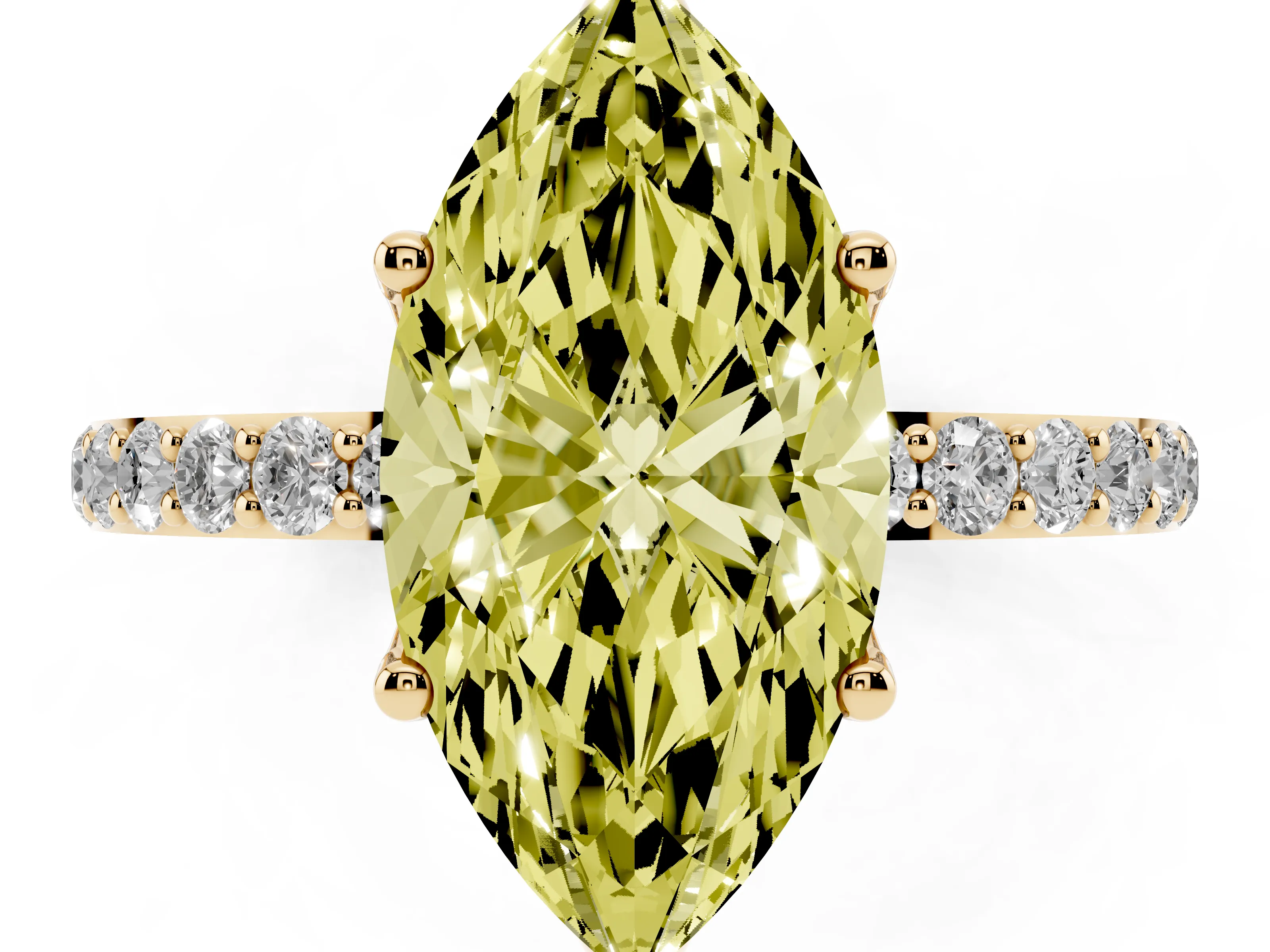 Fancy Yellow Marquise Cut Diamond Solitaire Engagement Ring Set in Yellow gold with Round Pavé Band and Prong Setting