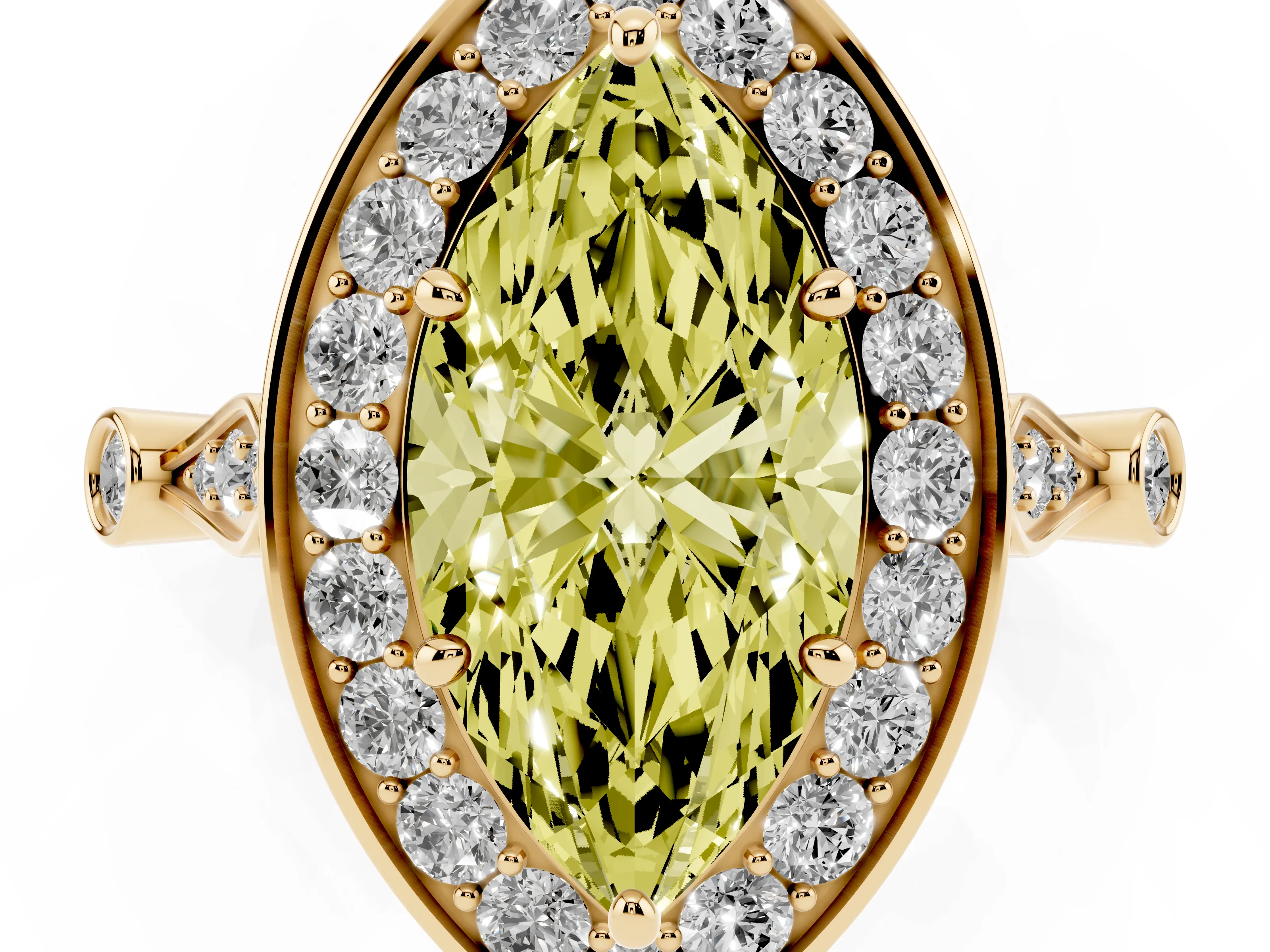 Fancy Yellow Marquise Cut Diamond Halo Engagement Ring Set in Yellow gold with Twisted Band and Prong Setting