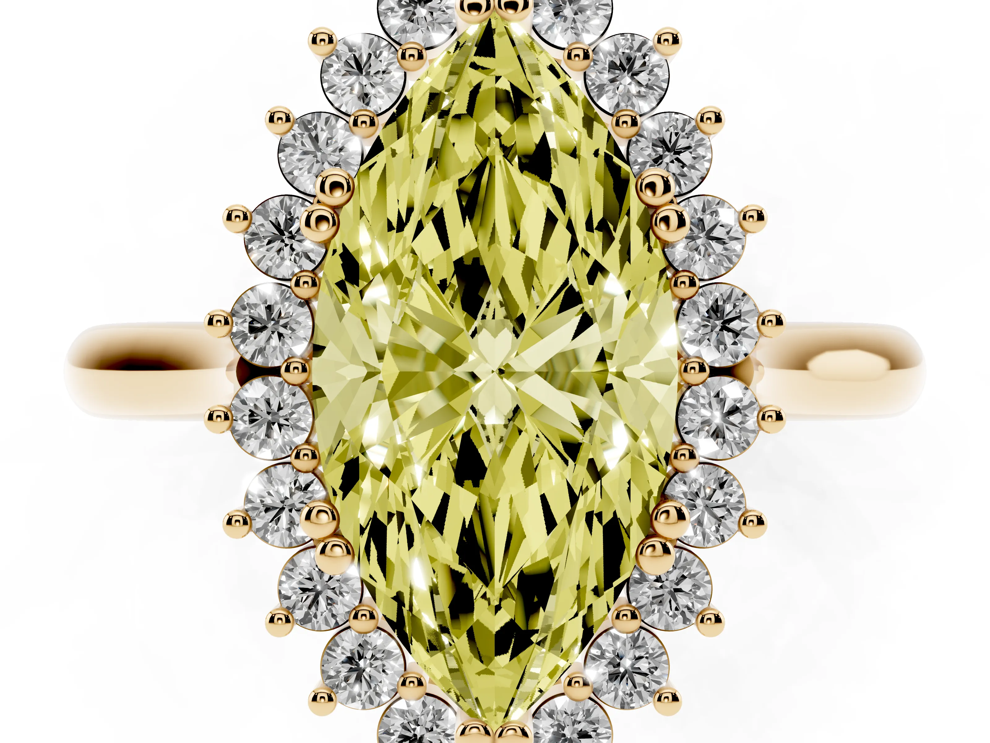 Fancy Yellow Marquise Cut Diamond Halo Ring Set in Yellow gold with Plain Solitaire Band and Prong Setting