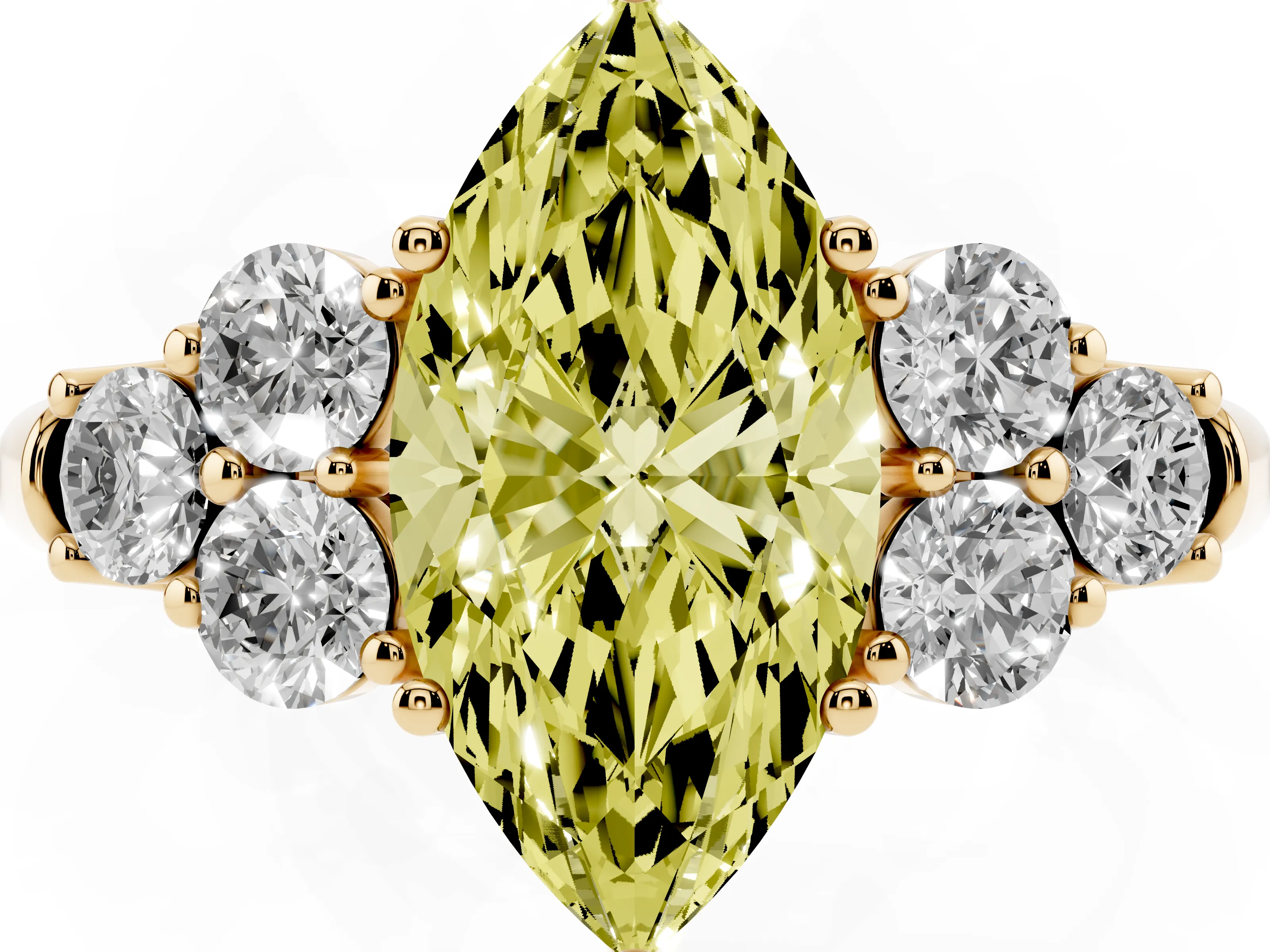 Fancy Yellow Marquise Cut Diamond Cluster Ring Set in Yellow gold with Round Accent Stones and Prong Setting on a Plain Band
