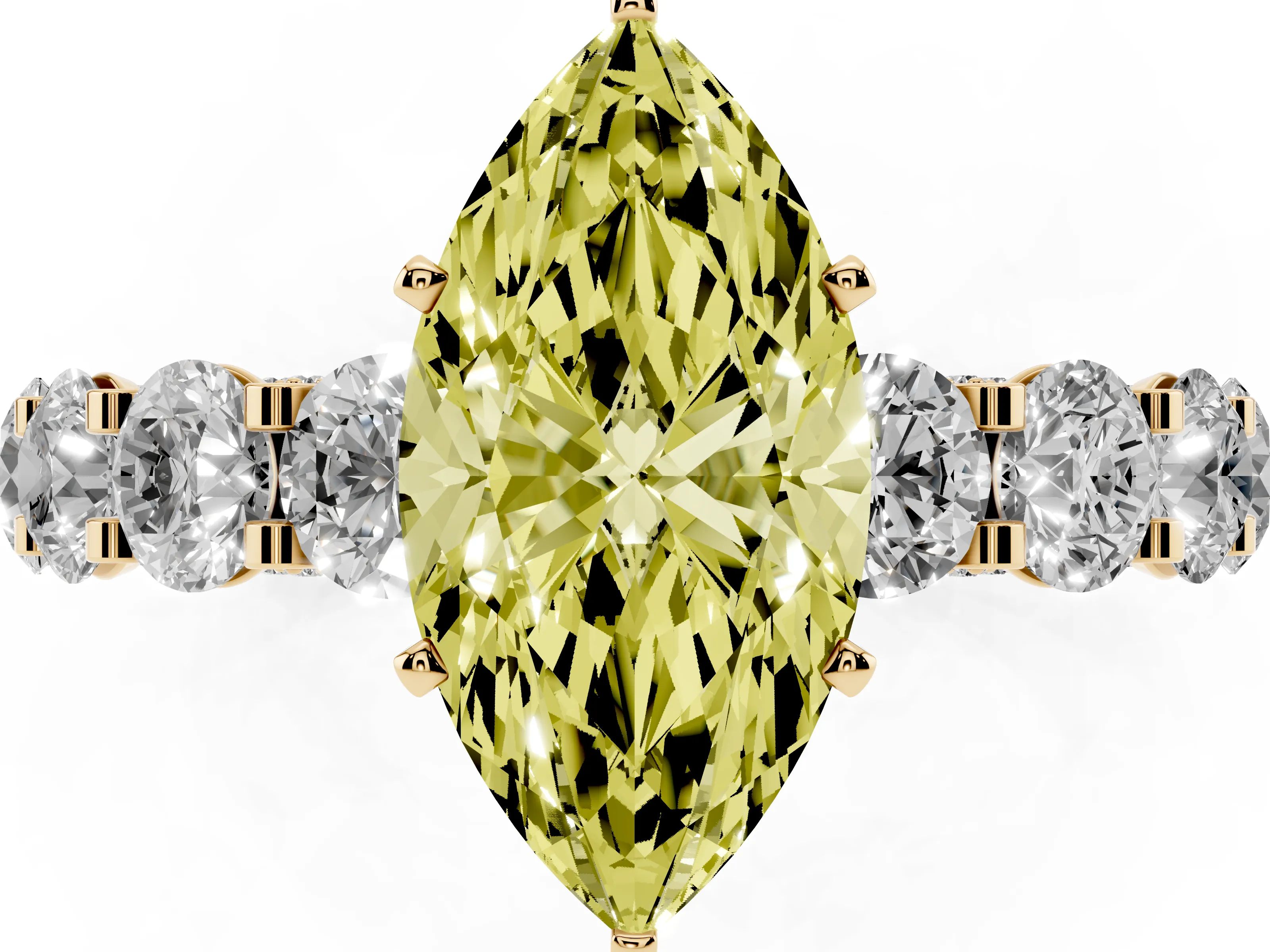 Fancy Yellow Marquise Cut Diamond Side Stone Ring Set in Yellow gold with Alternating Round and Oval Side Stones