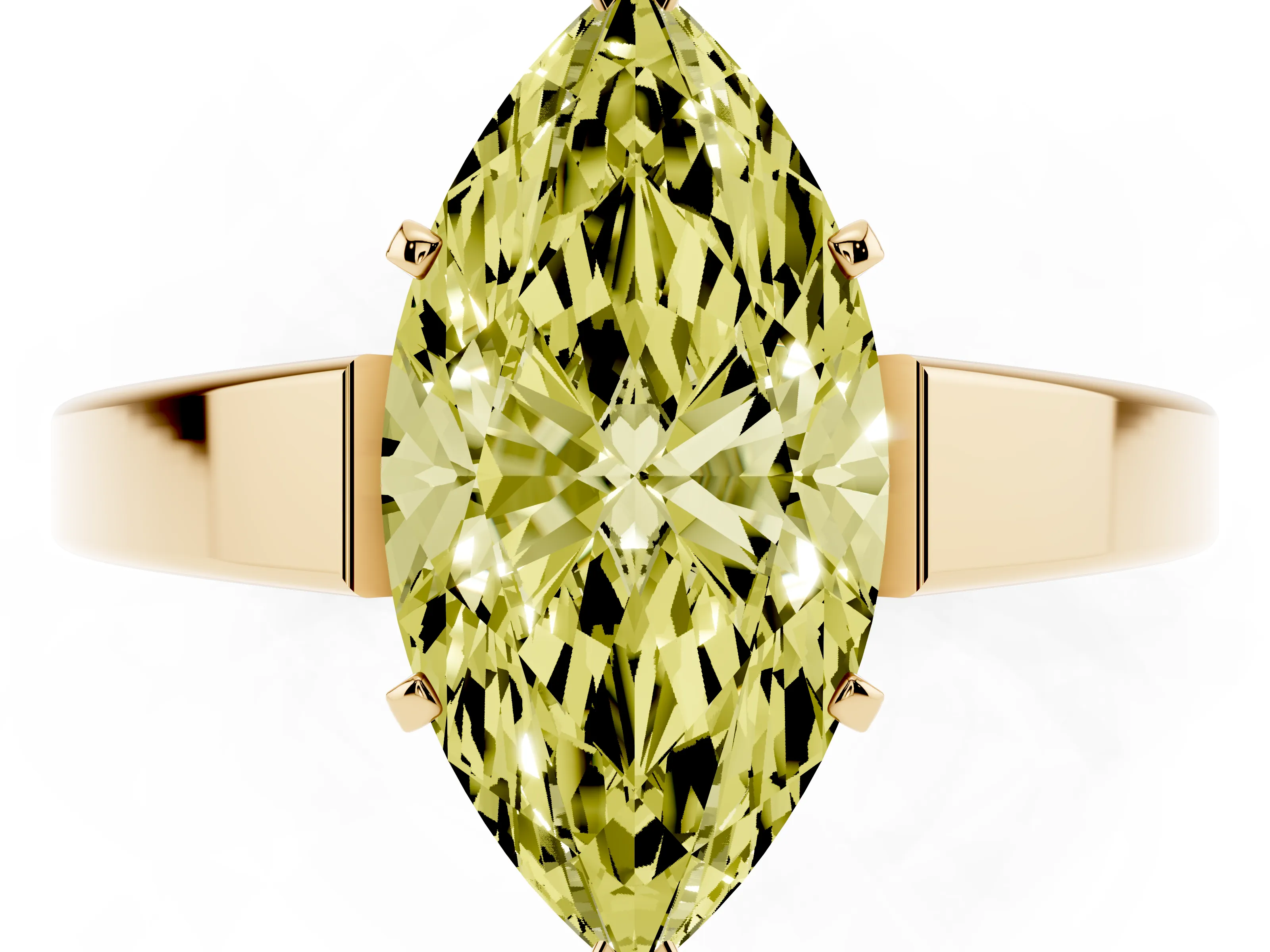 Fancy Yellow Marquise Cut Diamond Solitaire Engagement Ring Set in Yellow gold with Prong Setting and Tapered Band