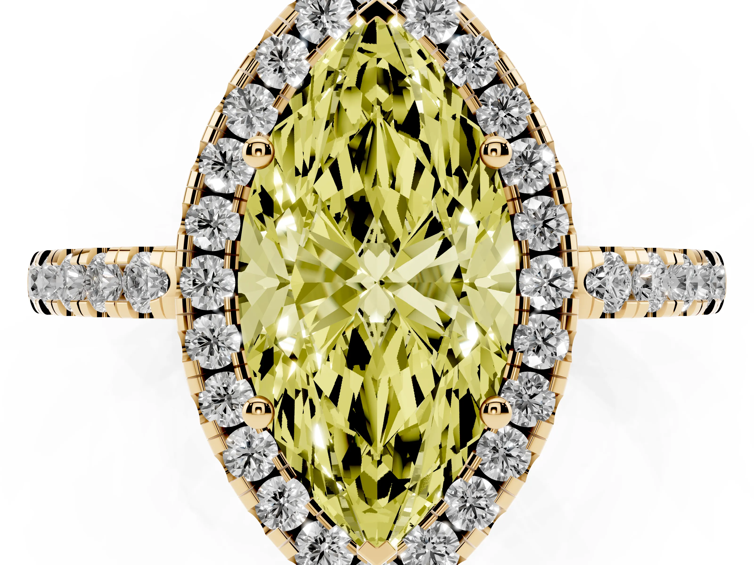 Fancy Yellow Marquise Cut Diamond Pavé Band Halo Engagement Ring Set in Yellow gold with Prong Setting