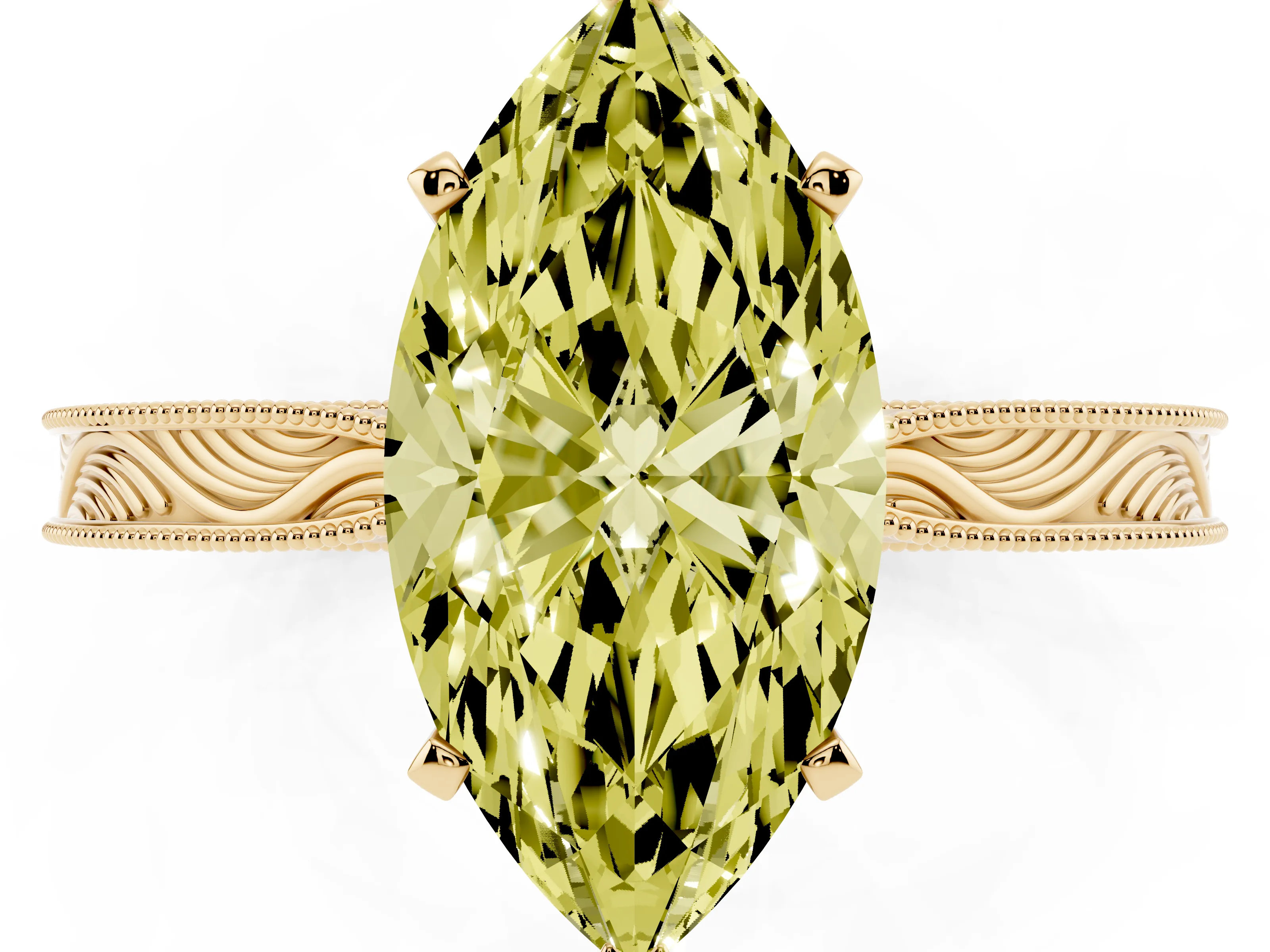 Fancy Yellow Marquise Cut Diamond Solitaire Milgrain Engraved Band Set in Yellow gold with Prong Setting