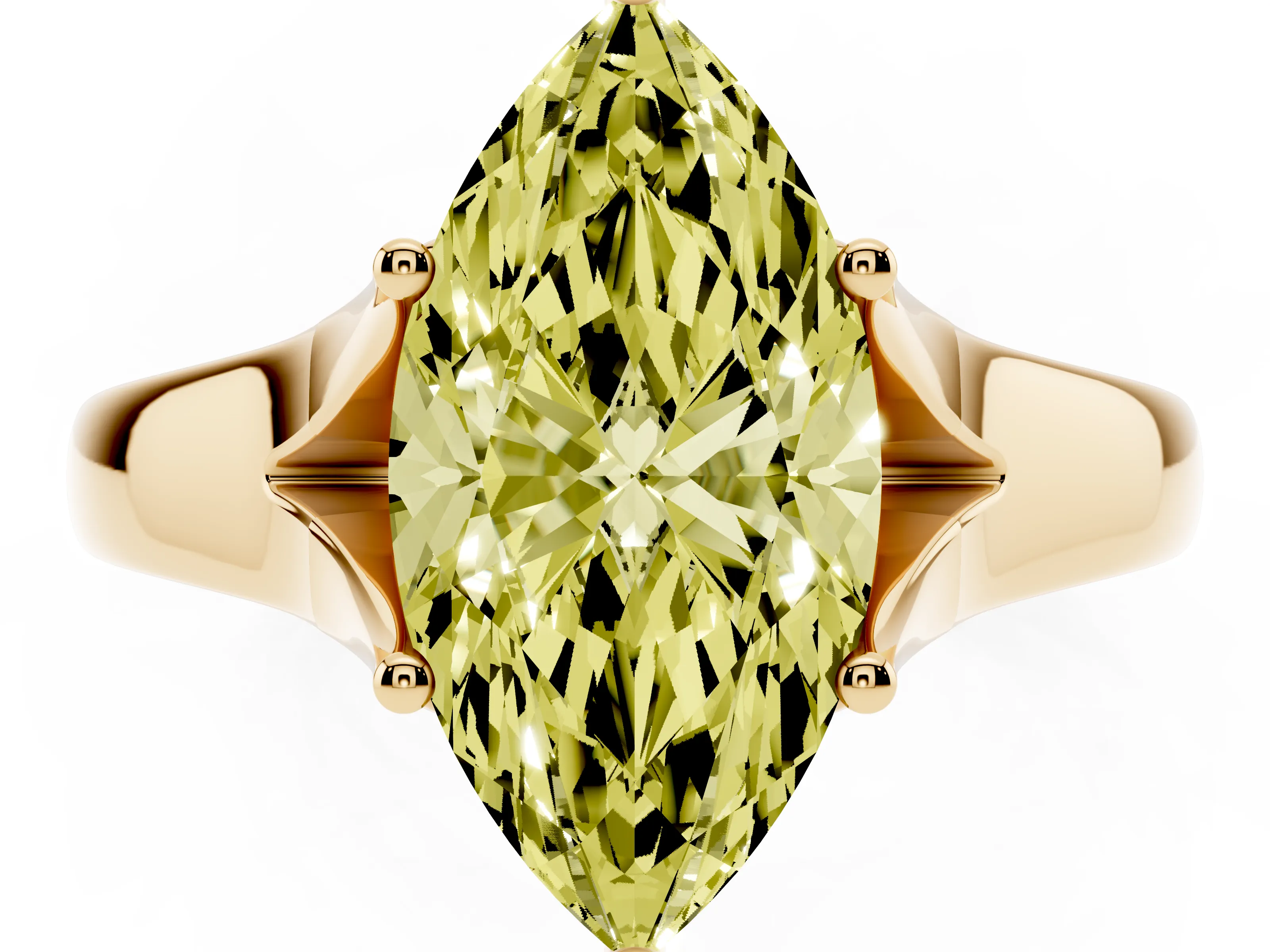 Fancy Yellow Marquise Cut Diamond Solitaire Ring Set in Yellow gold with Arched Cathedral Band and Prong Setting