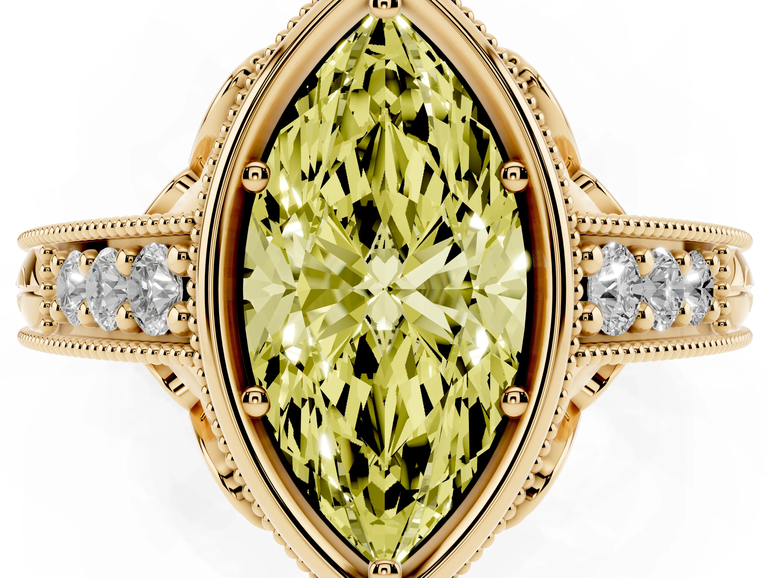 Fancy Yellow Bezel Set Marquise Cut Diamond Milgrain Pavé Engagement Ring Set in Yellow gold