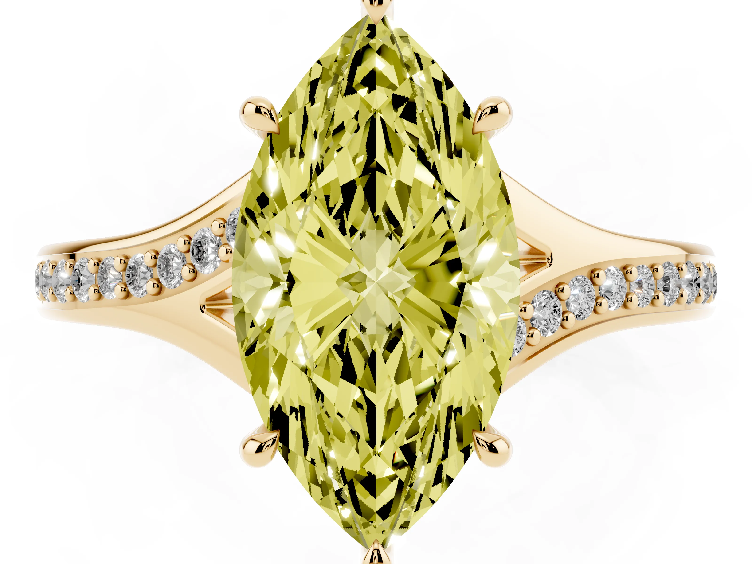 Fancy Yellow Marquise Cut Diamond Solitaire Ring Set in Yellow gold with Pavé Accent Band and Classic Prong Setting