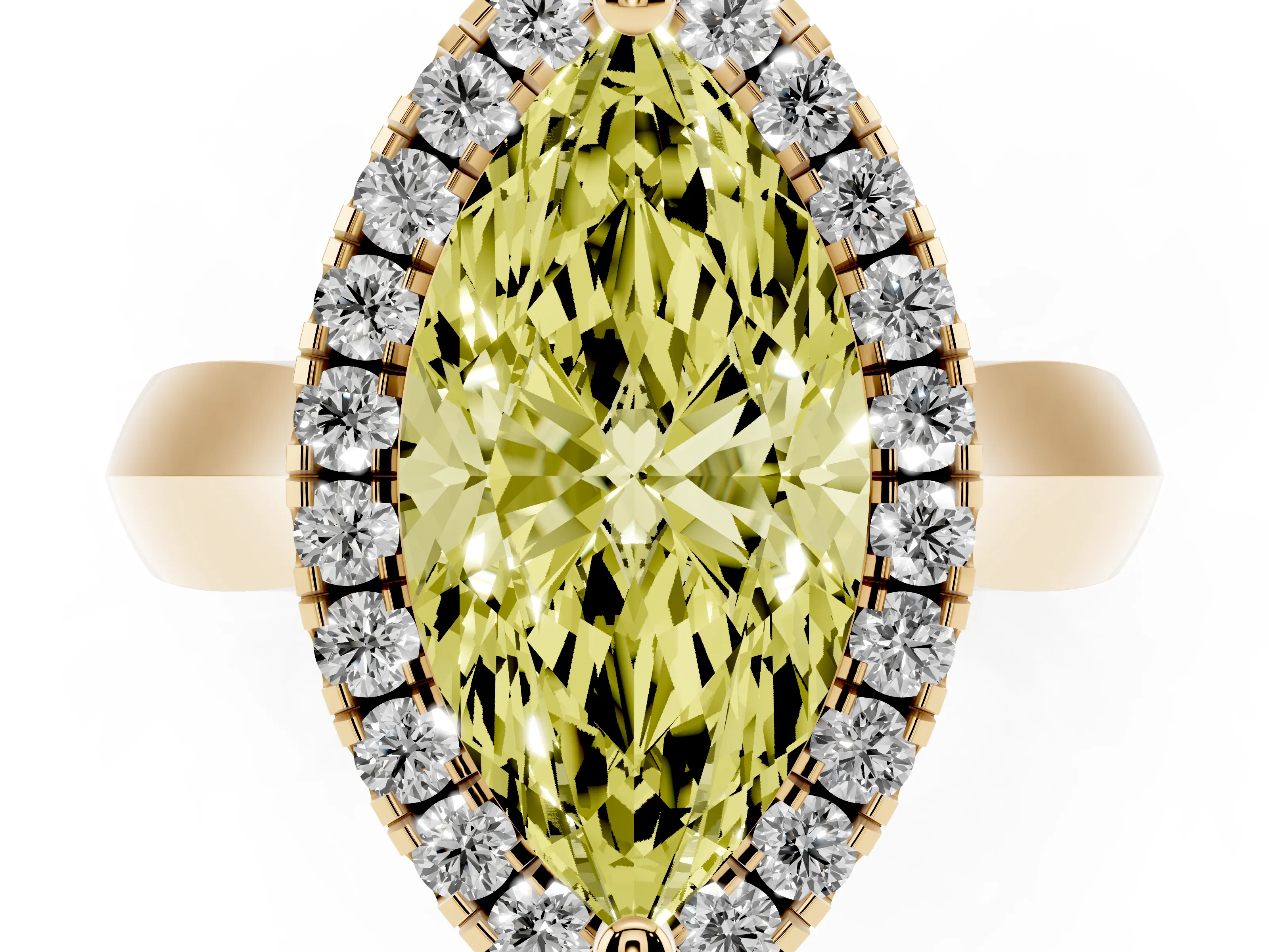 Fancy Yellow Marquise Cut Diamond Halo Solitaire Engagement Ring Set in Yellow gold with Square Band and Prong Setting