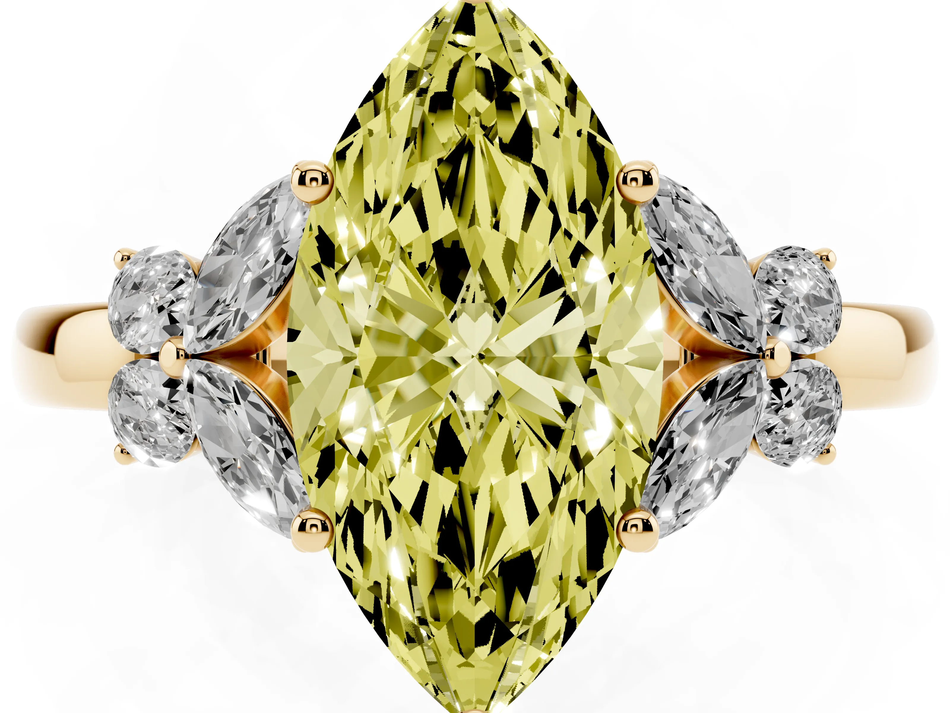 Fancy Yellow Marquise Cut Diamond Solitaire Floral Ring Set in Yellow gold with Marquise Petals and Prong Setting