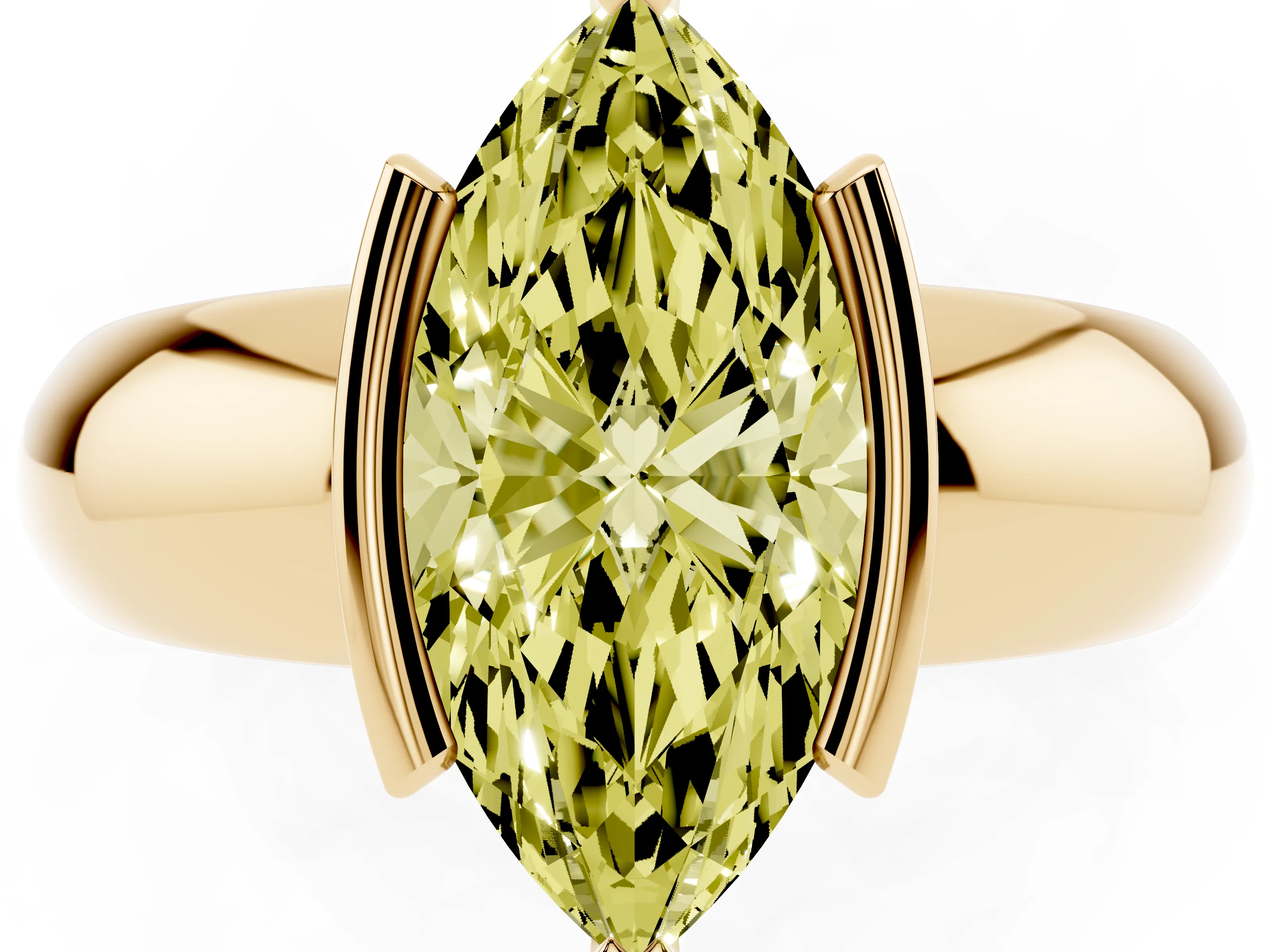 Fancy Yellow Marquise Cut Diamond Solitaire Tension Set Ring Set in Yellow gold with Wide Band