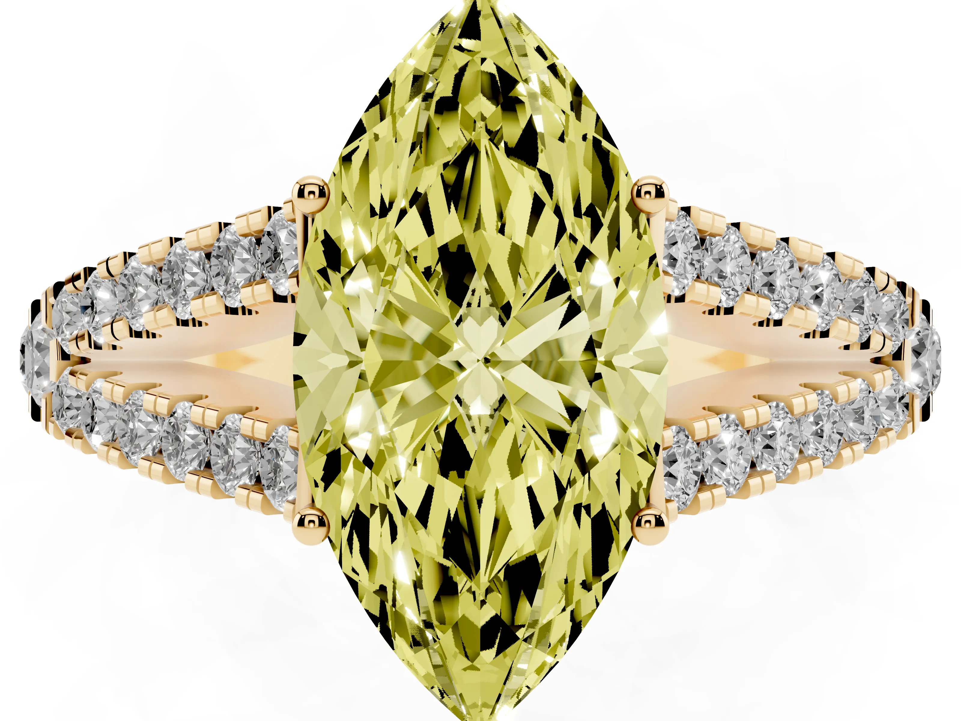 Fancy Yellow Marquise Cut Diamond Split Shank Pavé Engagement Ring Set in Yellow gold with Prong-Held Center Stone