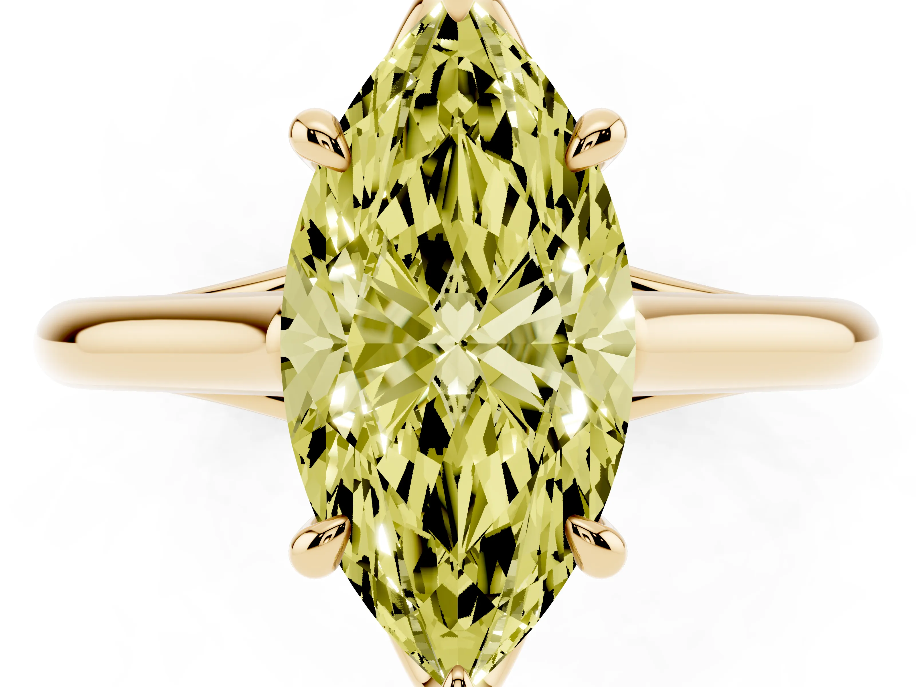 Fancy Yellow Marquise Cut Diamond Solitaire Engagement Ring Set in Yellow gold with Prong Setting and Plain Classic Band