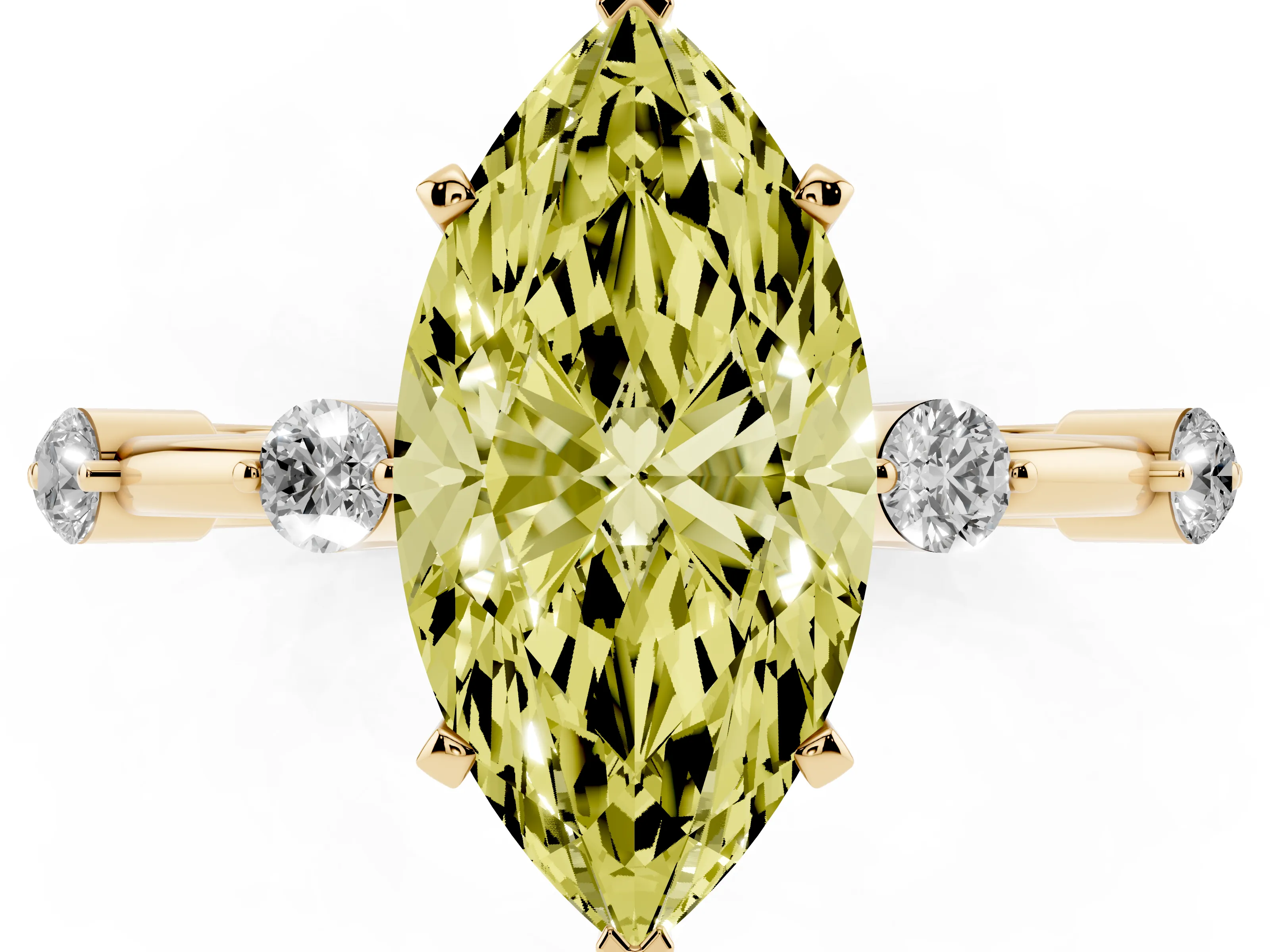 Fancy Yellow Marquise Cut Diamond Solitaire Ring Set in Yellow gold with Bezel Set Side Stones and Prong Setting