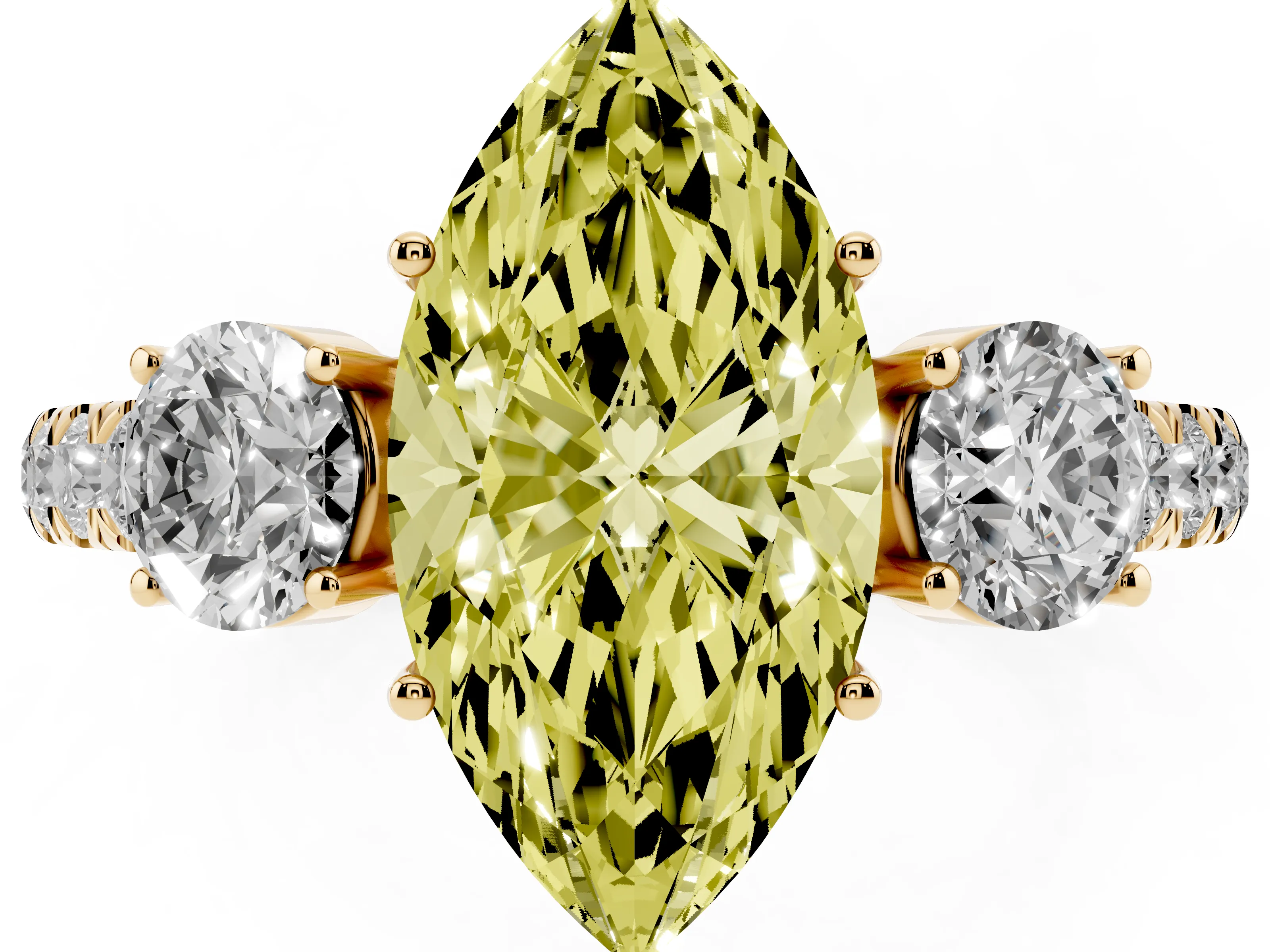 Fancy Yellow Marquise Cut Diamond Three-Stone Ring Set in Yellow gold with Round Side Stones and Delicate Pavé Band