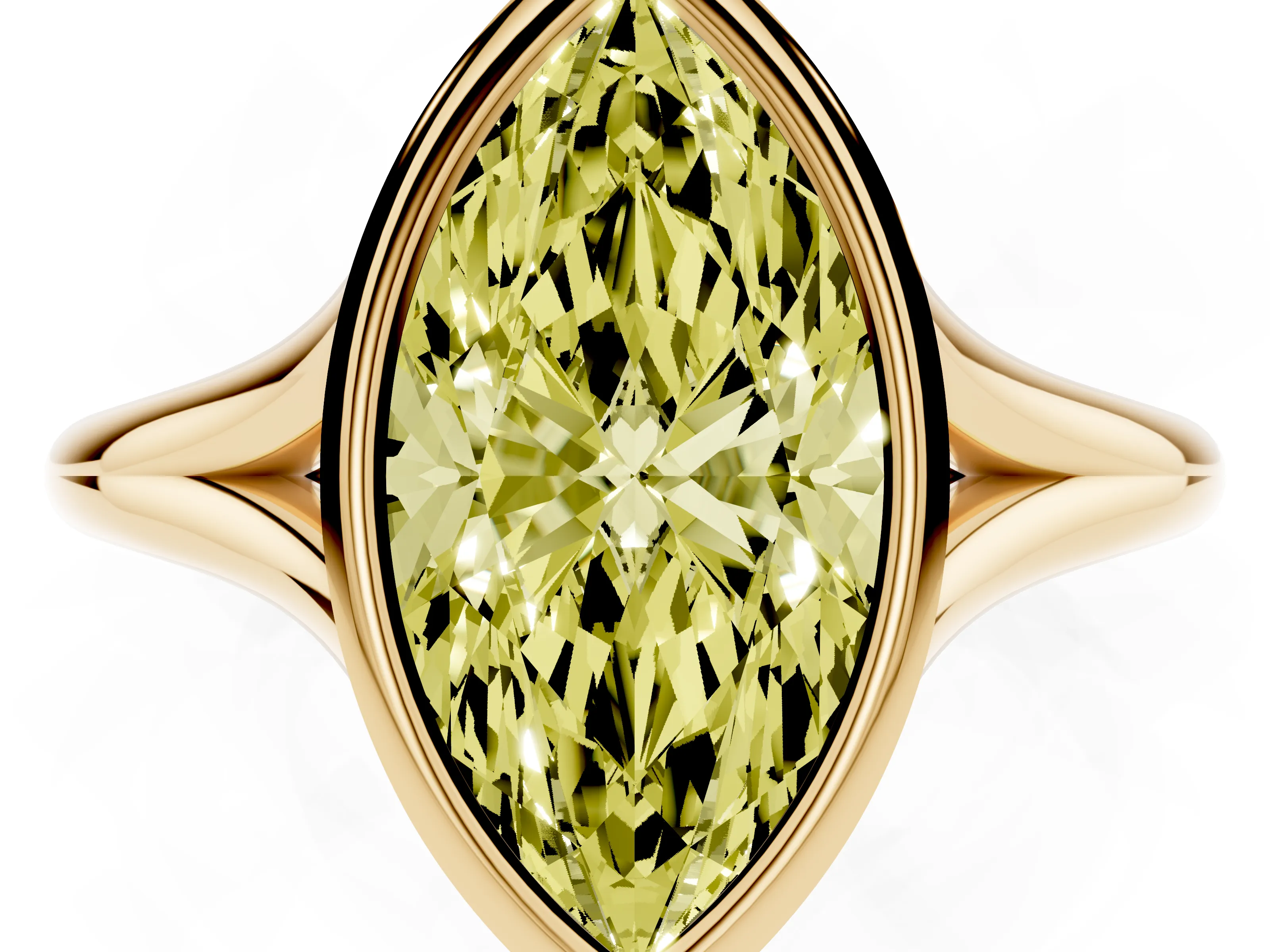 Fancy Yellow Bezel Set Marquise Cut Diamond Solitaire Ring Set in Yellow gold with Tapered Band