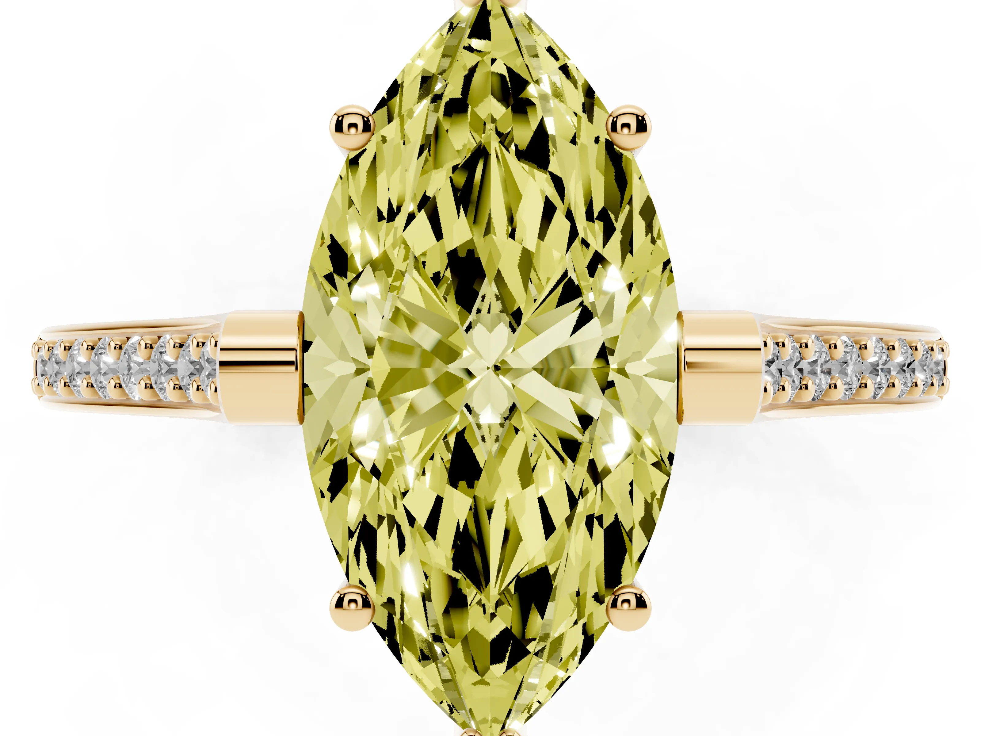 Fancy Yellow Marquise Cut Diamond Solitaire Ring Set in Yellow gold with Channel Set Band and Bezel Prong Setting