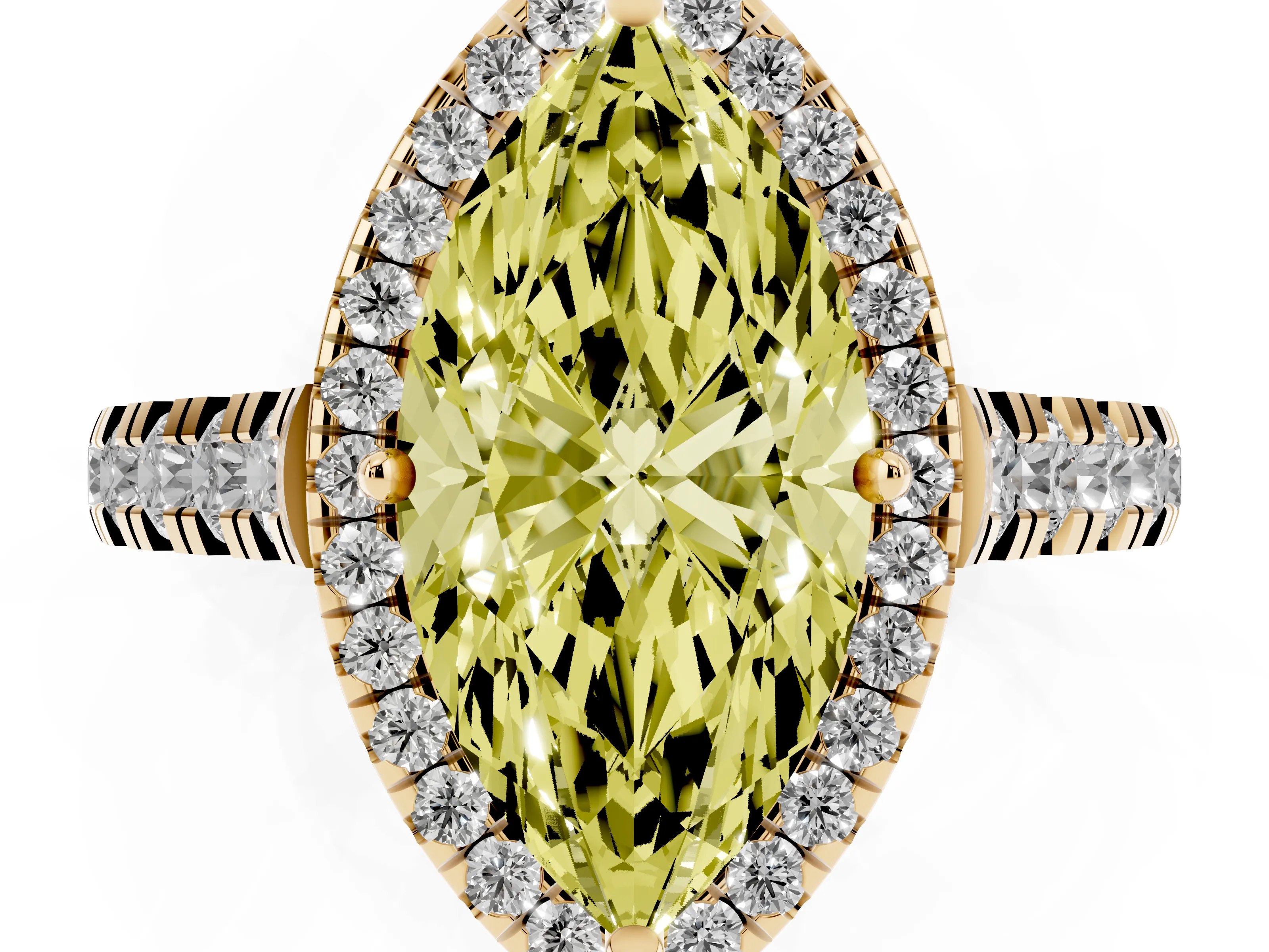 Fancy Yellow Marquise Cut Diamond Halo Engagement Ring Set in Yellow gold with Pavé Band and Prong-Set Center