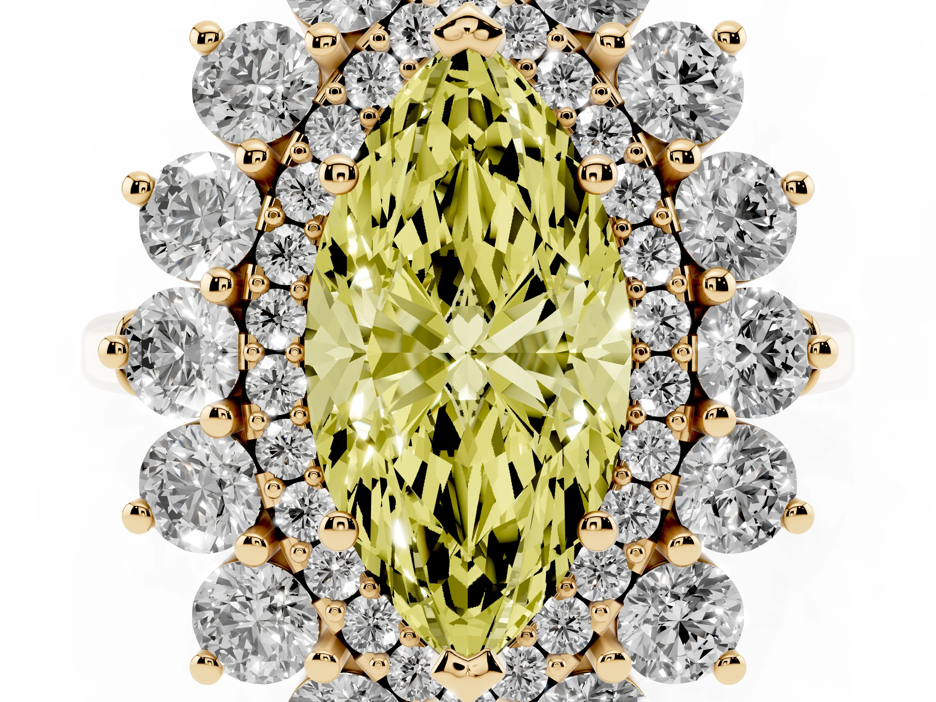 Fancy Yellow Marquise Cut Diamond Floral Double Halo Ring Set in Yellow gold with Round Petals