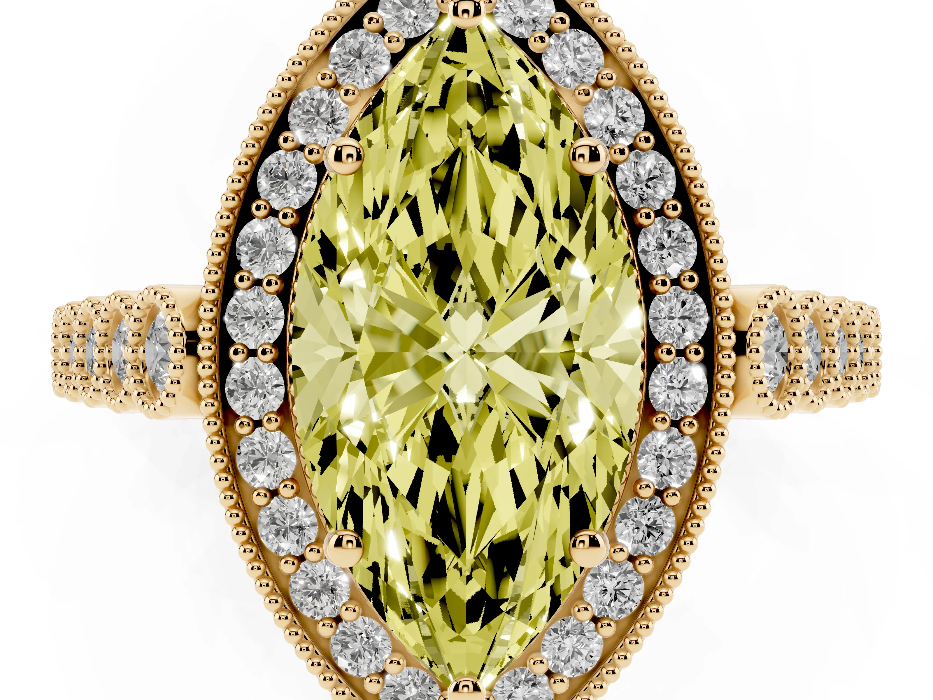 Fancy Yellow Marquise Cut Diamond Milgrain Halo Solitaire Ring Set in Yellow gold with Bezel Set Side Stones and Pavé Band