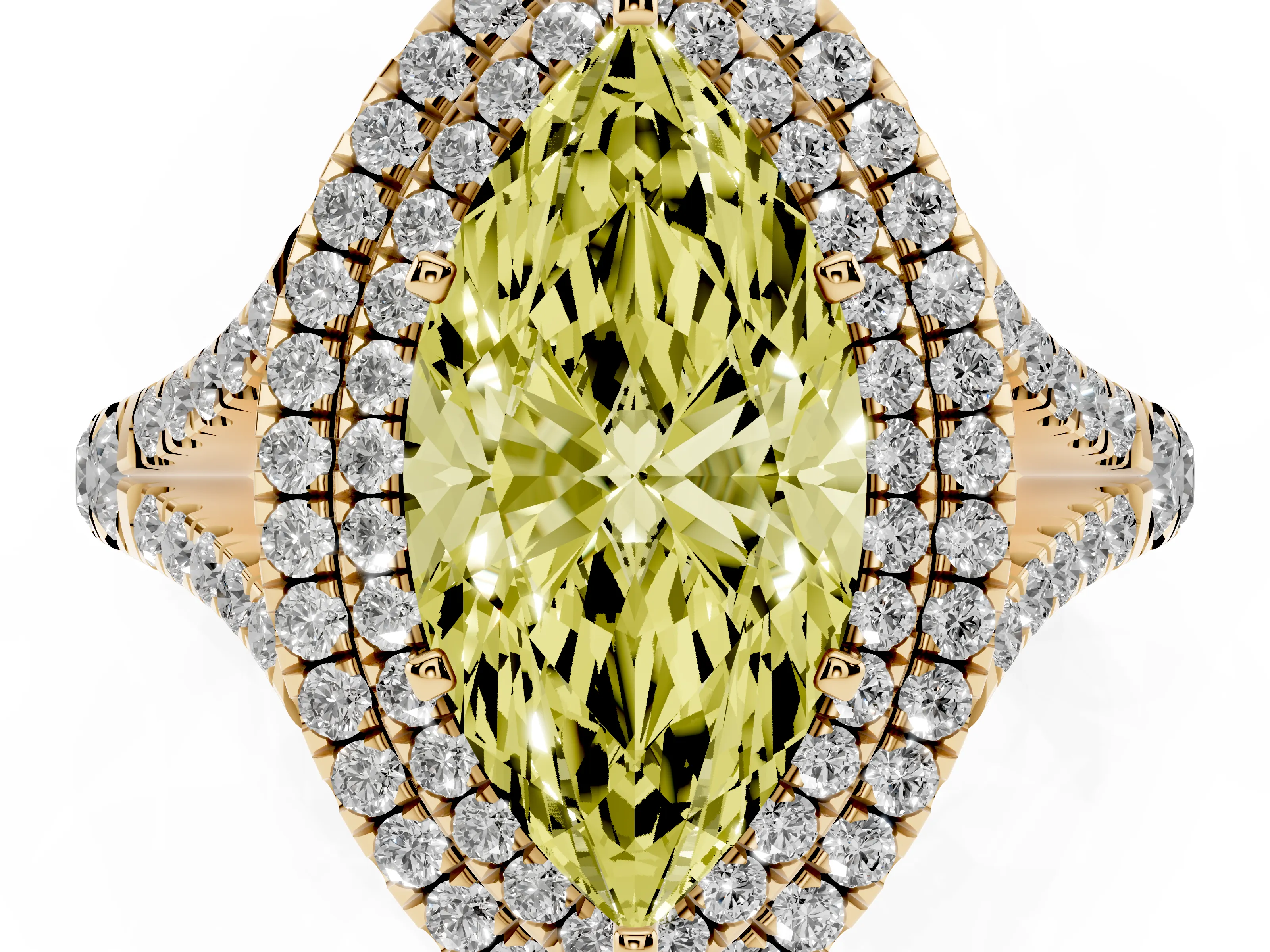 Fancy Yellow Marquise Cut Diamond Pavé Split Shank Double Halo Engagement Ring Set in Yellow gold