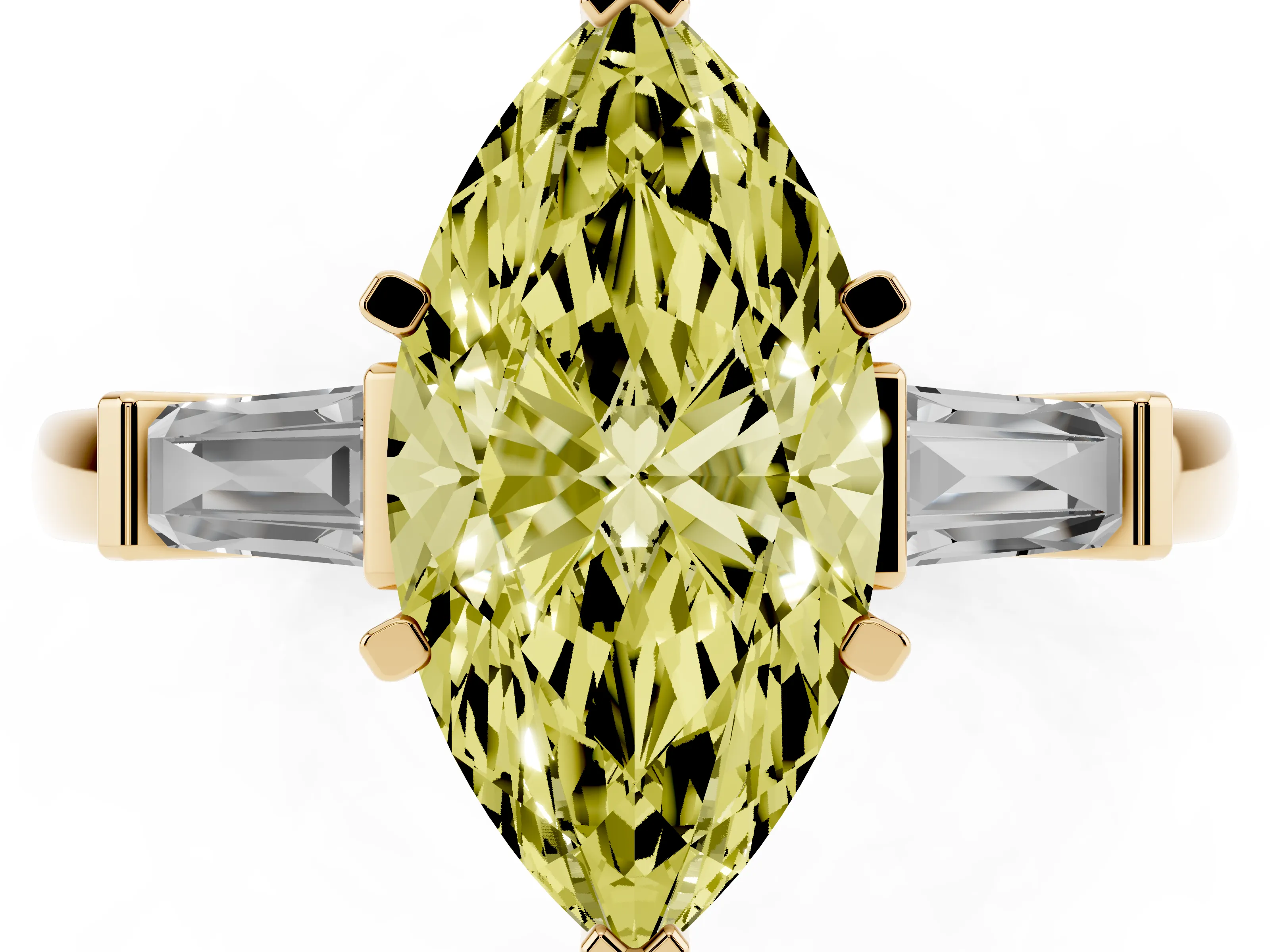 Fancy Yellow Marquise Cut Diamond Solitaire Ring Set in Yellow gold with Tapered Baguette Accents and Prong Setting