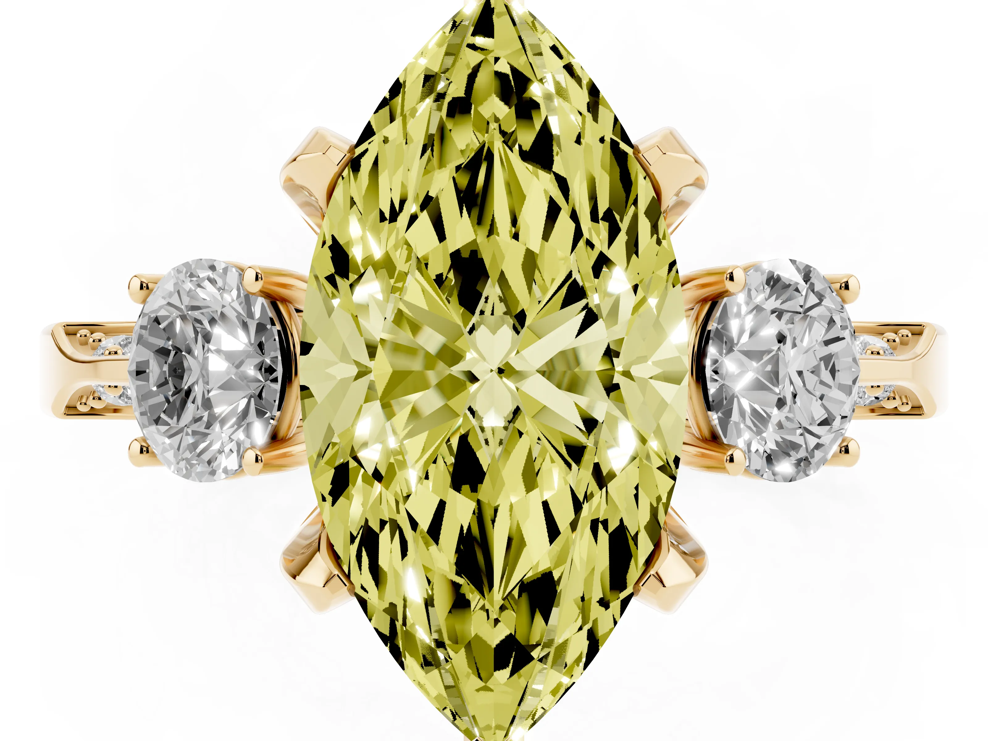 Fancy Yellow Marquise Cut Diamond Three-Stone Ring Set in Yellow gold with Pavé Band and Smaller Side Stones
