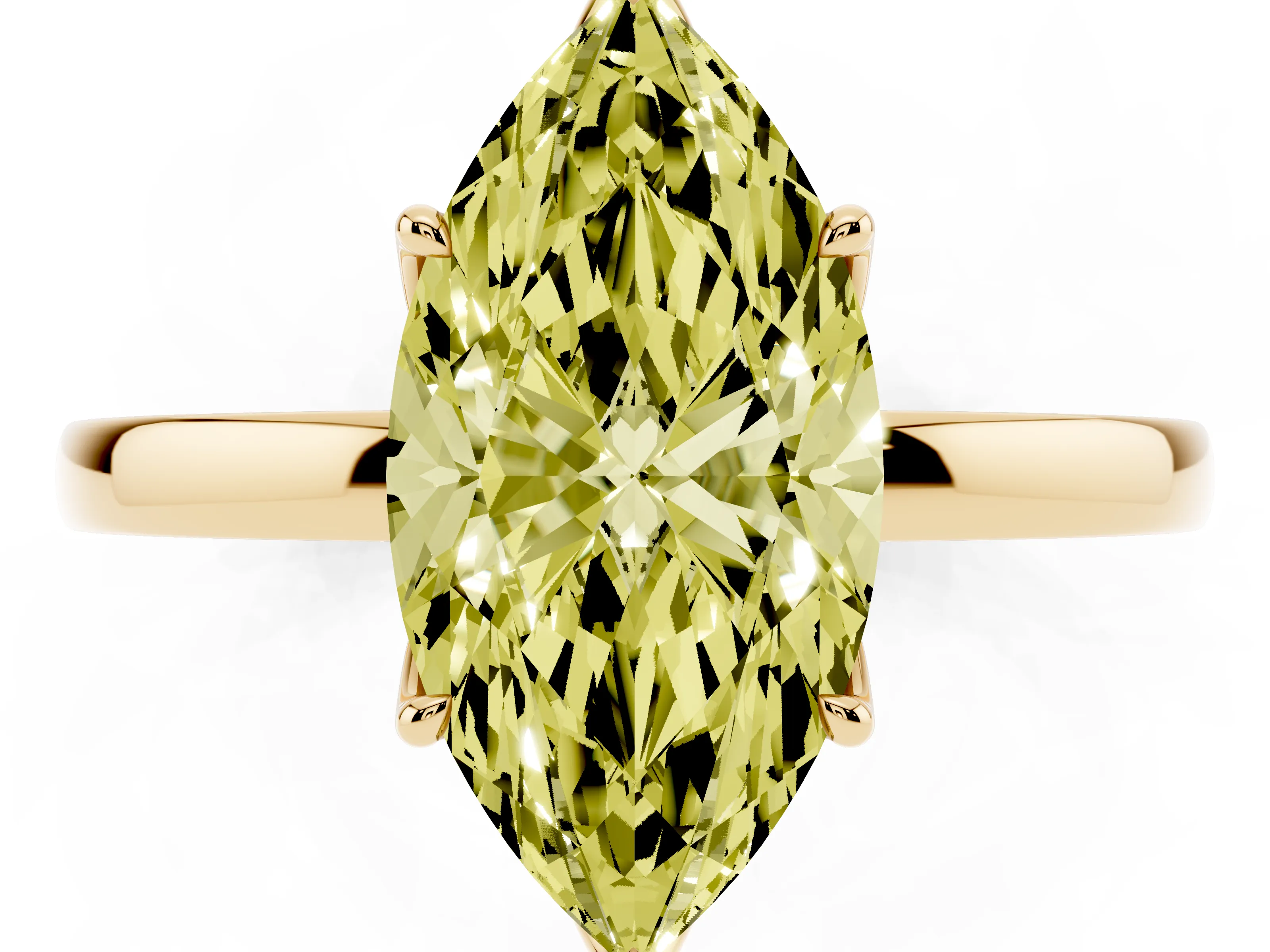 Fancy Yellow Marquise Cut Diamond Solitaire Ring Set in Yellow gold with Prong Setting and Thin Polished Band