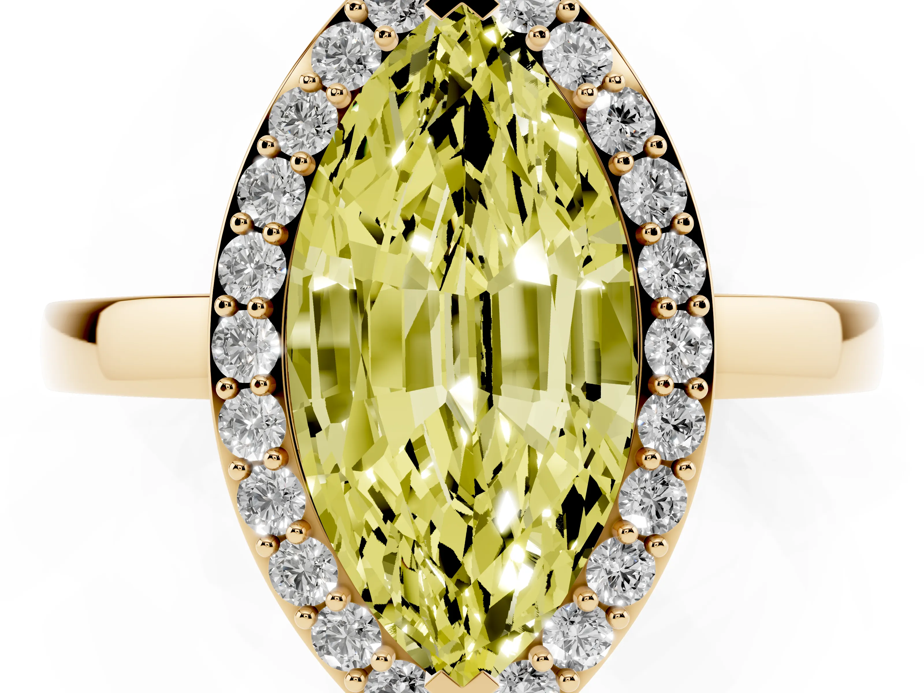 Fancy Yellow Marquise Cut Diamond Halo Ring Set in Yellow gold with Solitaire Band and Prong Setting