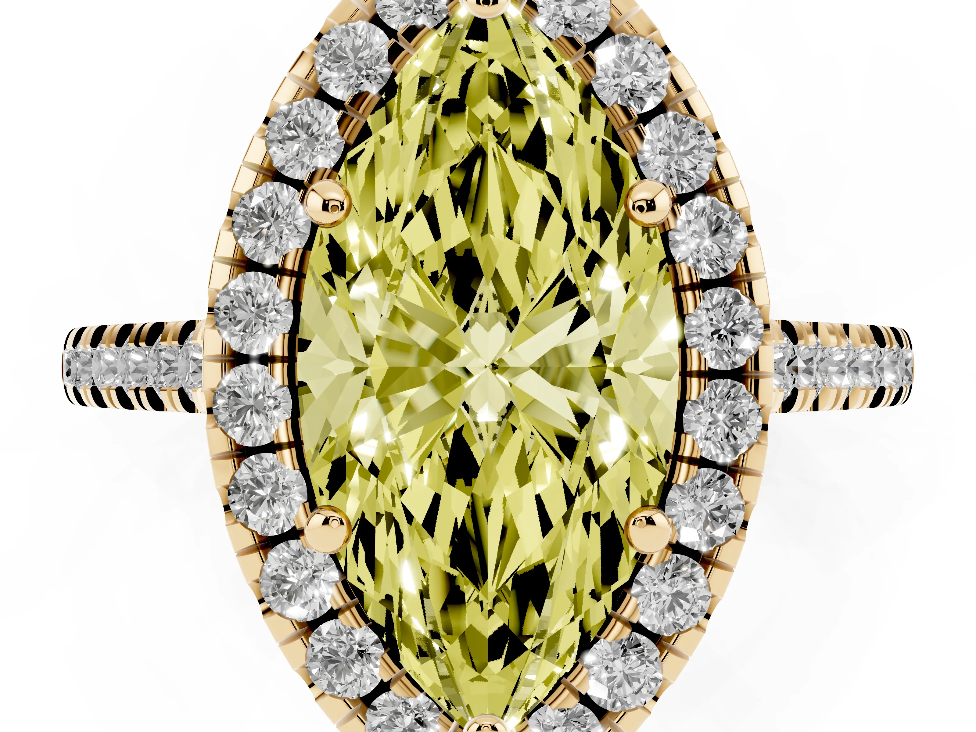 Fancy Yellow Marquise Cut Diamond Cushion Halo Ring Set in Yellow gold with Pavé Band